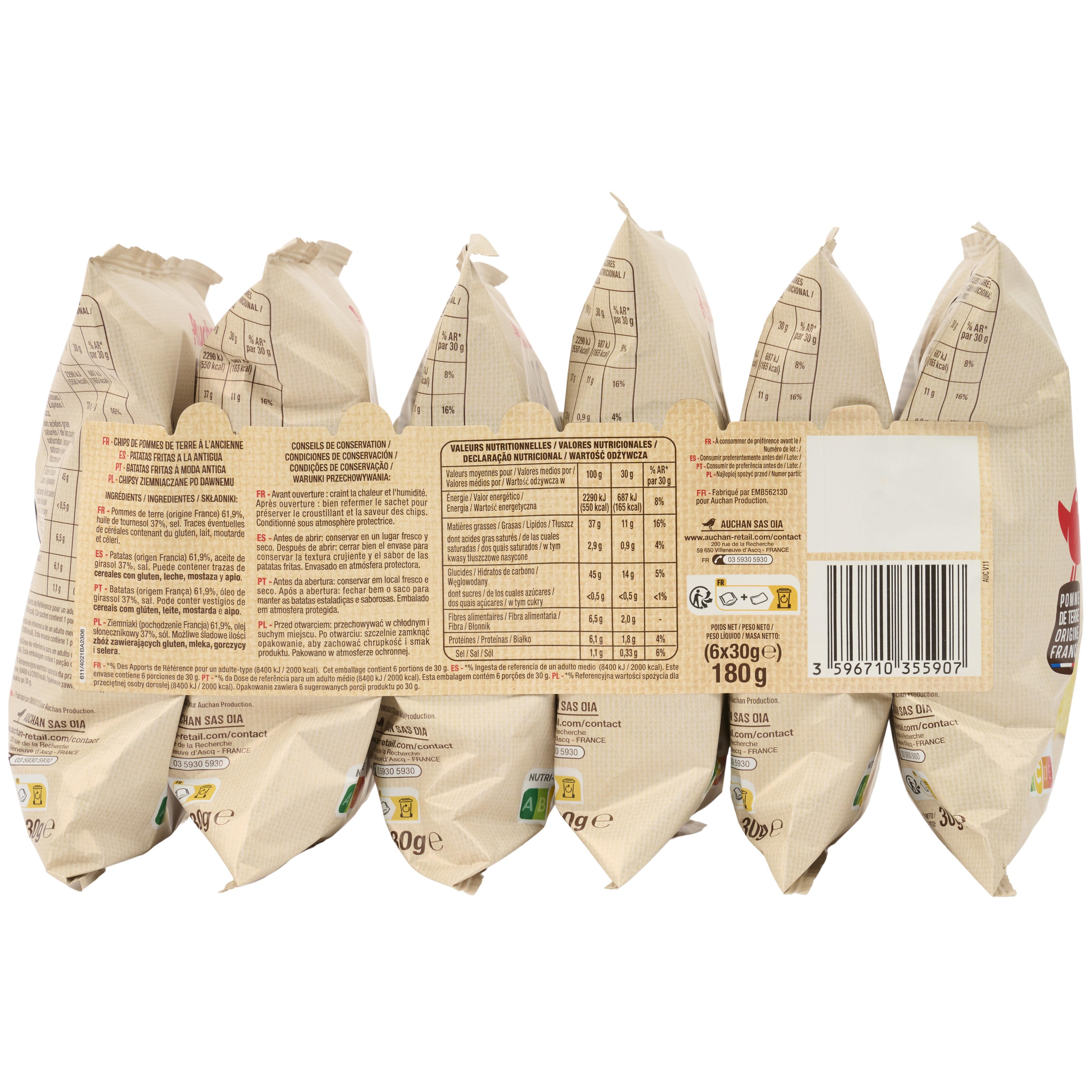 Voir la diapositive 4 : AUCHAN Chips à l'ancienne en sachets individuels 6 sachets 6x30g