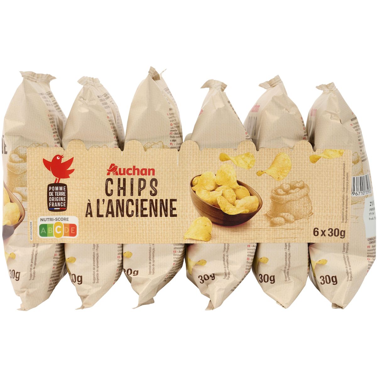AUCHAN Chips à l'ancienne en sachets individuels 6 sachets 6x30g