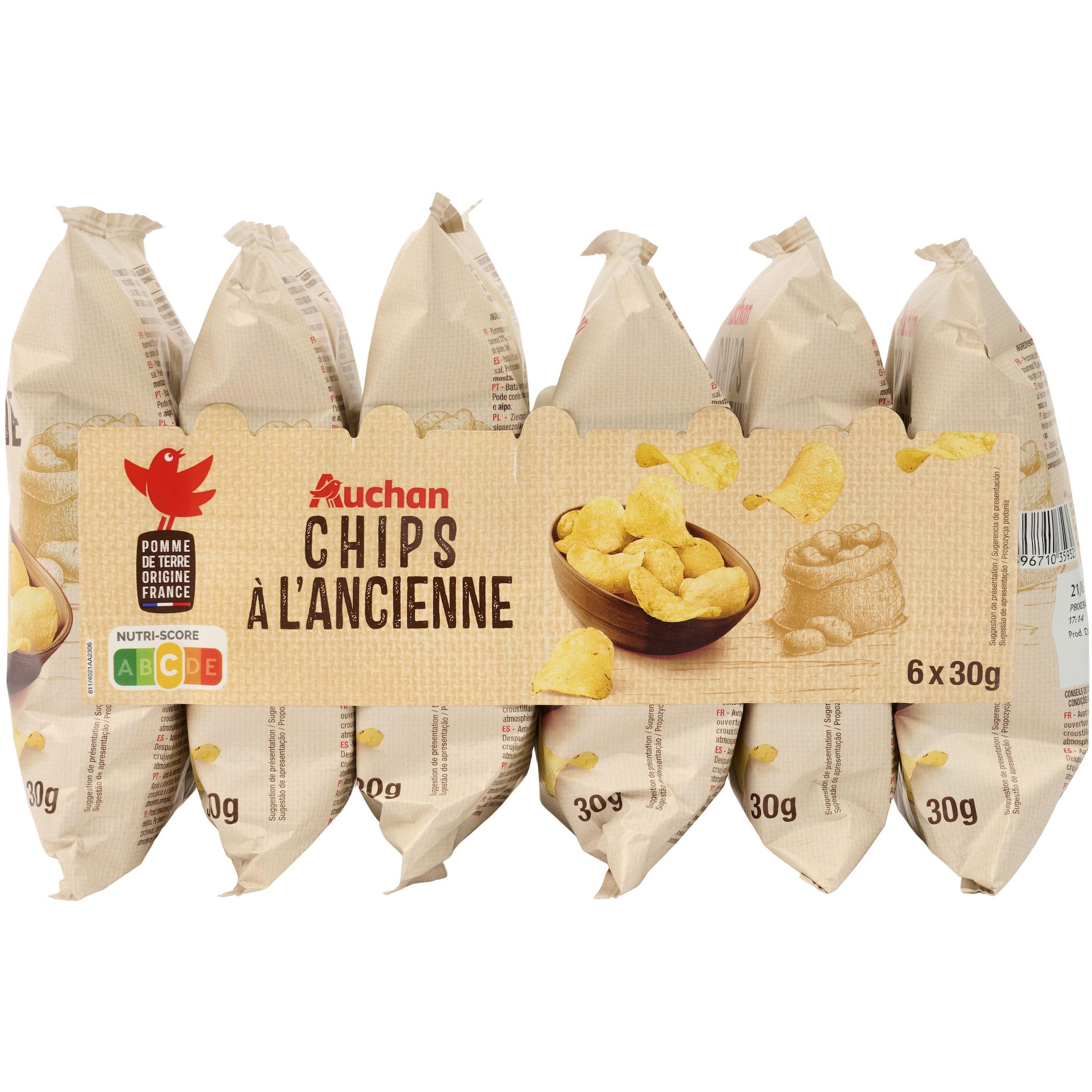 Voir la diapositive 4 : AUCHAN Chips à l'ancienne en sachets individuels 6 sachets 6x30g