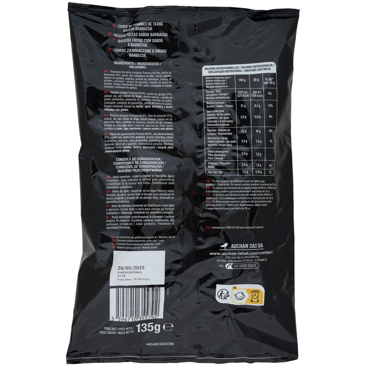 AUCHAN Chips saveur barbecue 135g