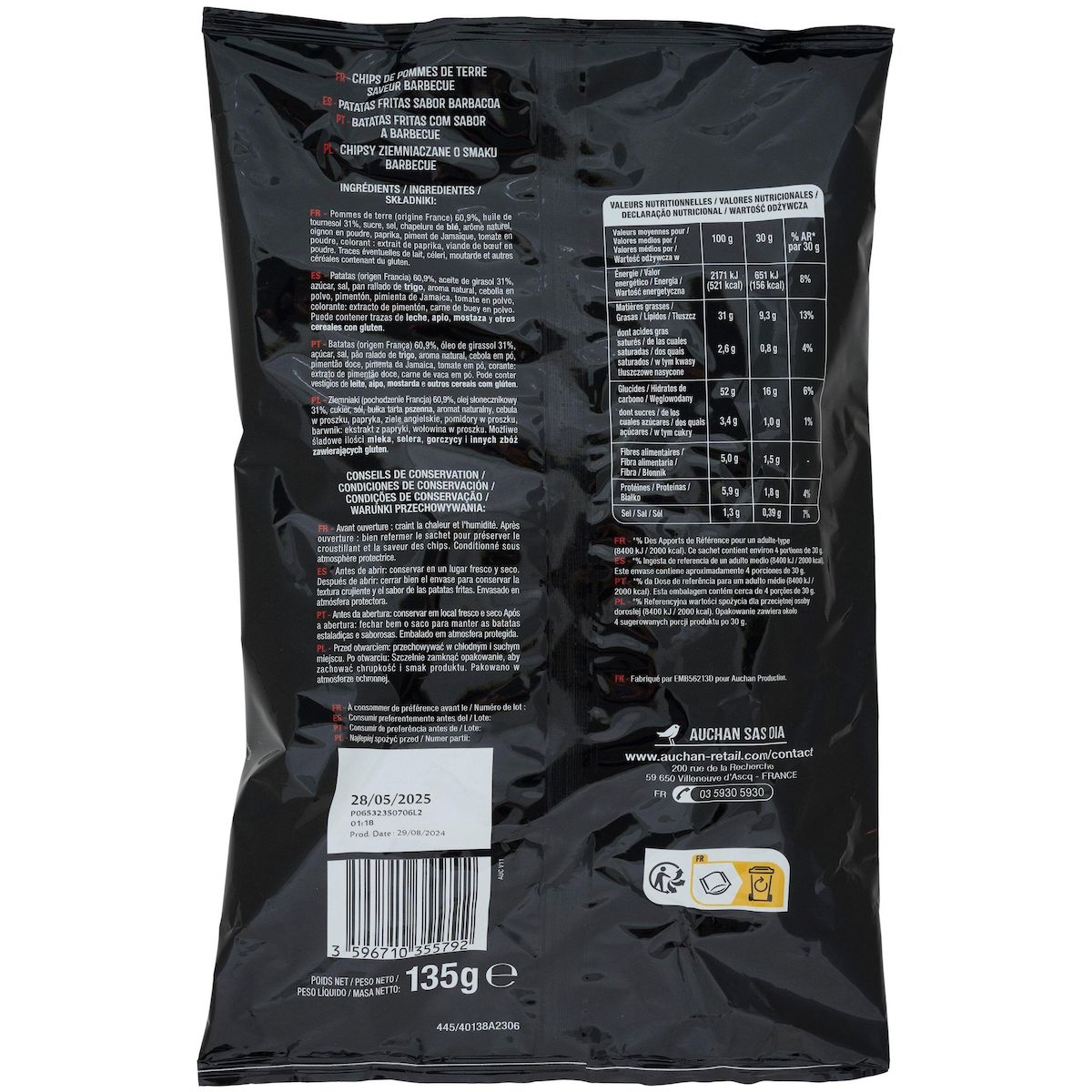 AUCHAN Chips saveur barbecue 135g