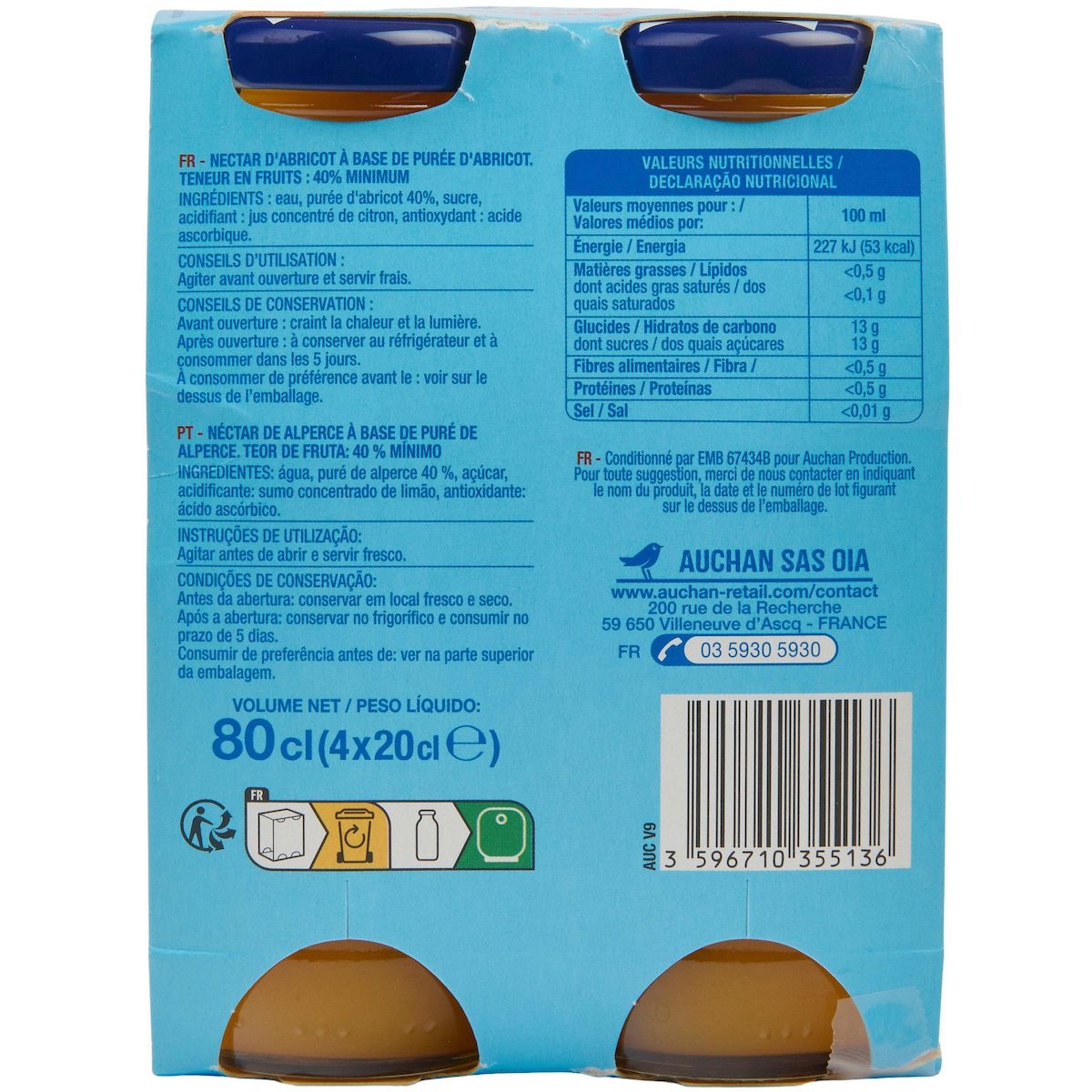 AUCHAN Nectar d'abricot bouteilles 4x20cl