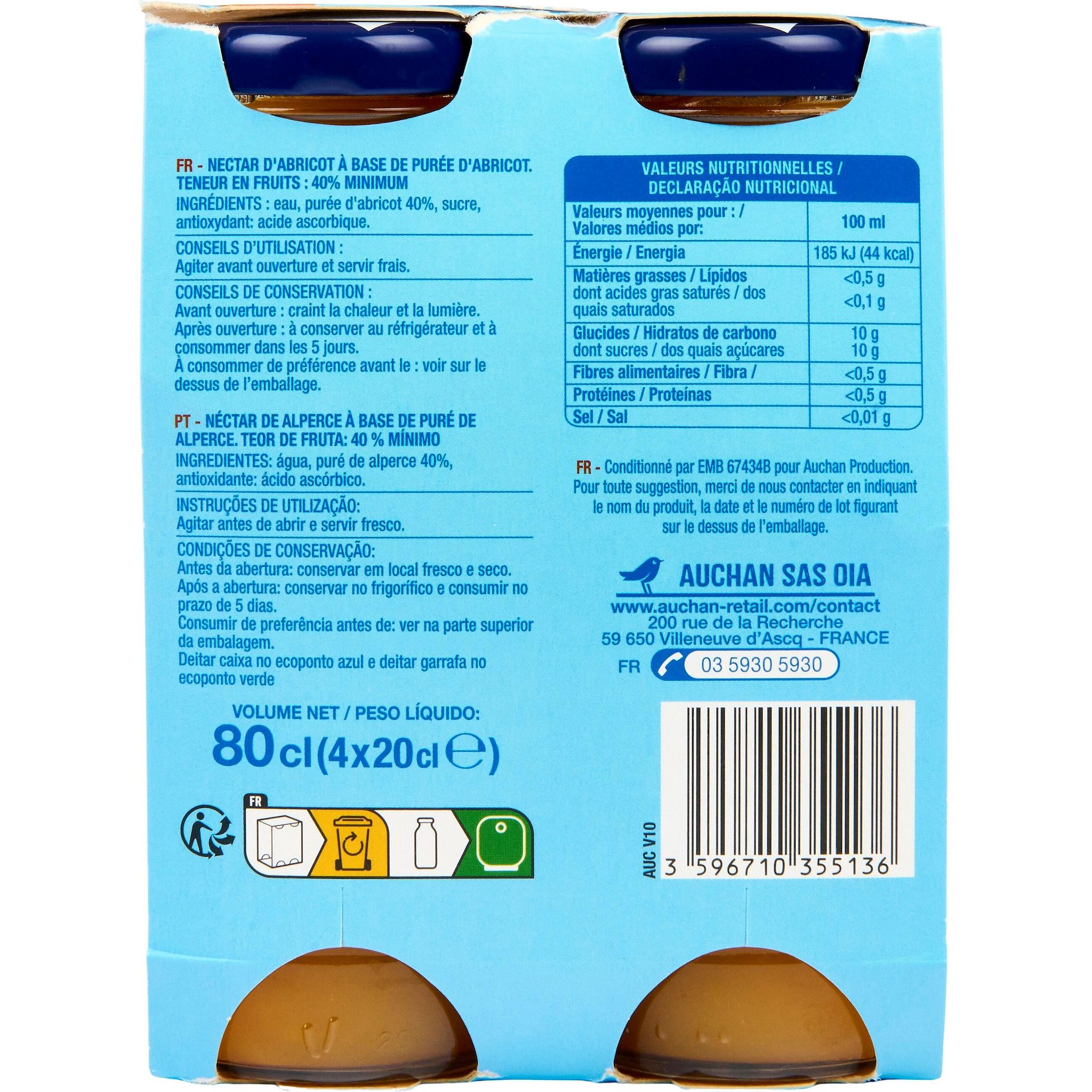 Voir la diapositive 2 : AUCHAN Nectar d'abricot bouteilles 4x20cl