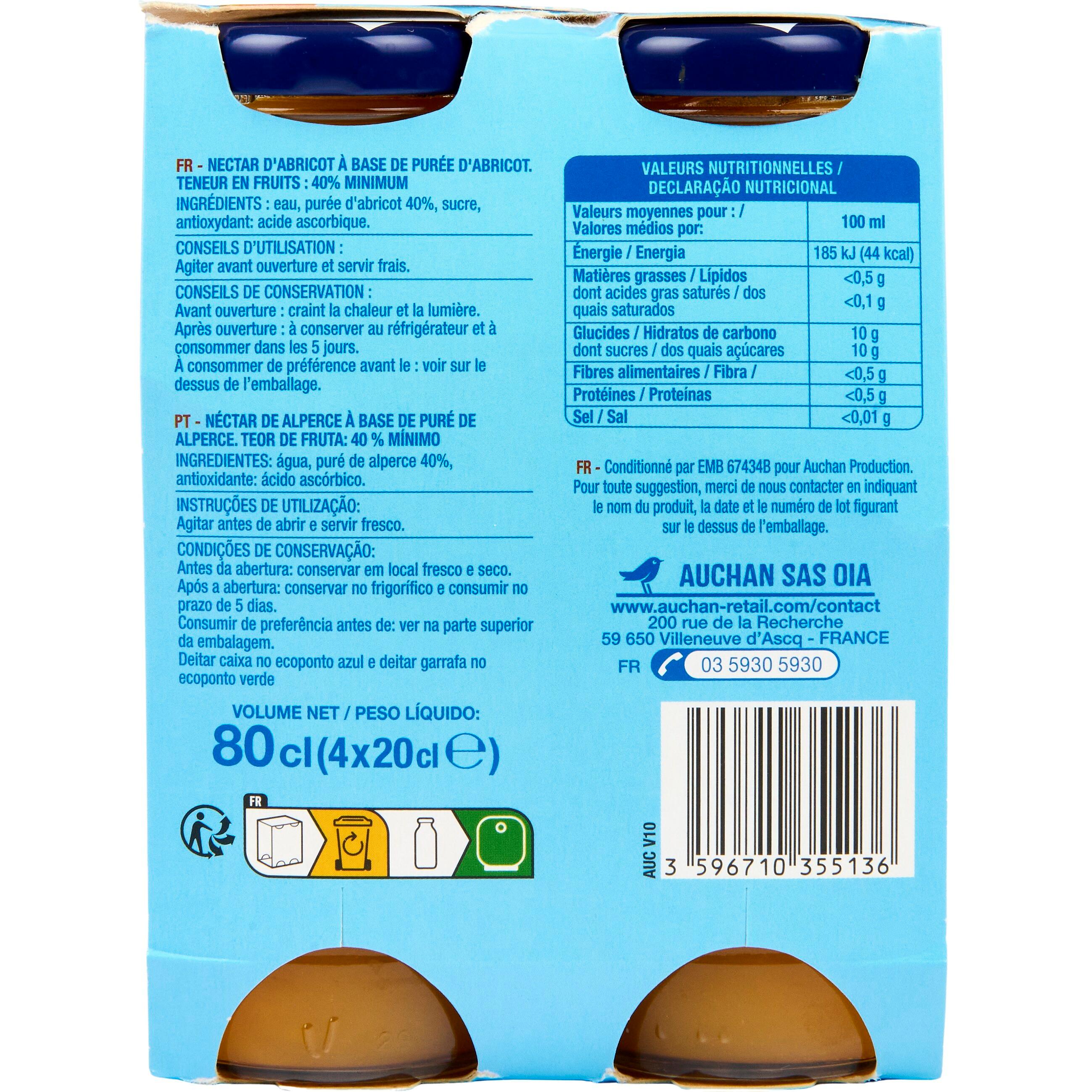 Voir la diapositive 4 : AUCHAN Nectar d'abricot bouteilles 4x20cl