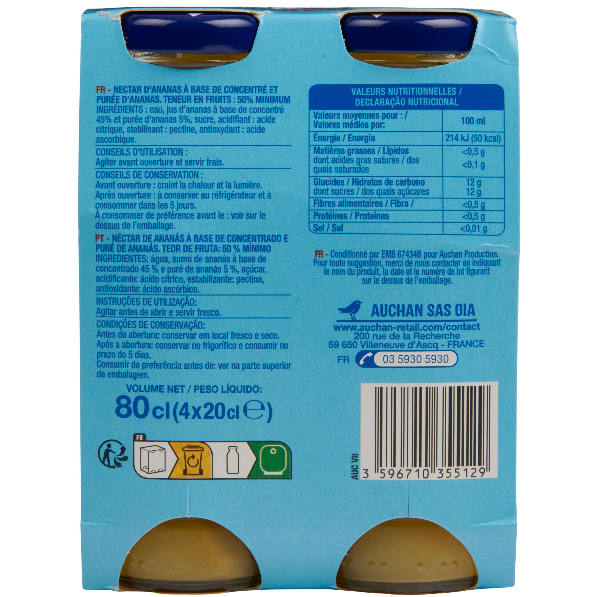 Voir la diapositive 2 : AUCHAN Nectar d'ananas Instant Gourmand bouteilles 4x20cl