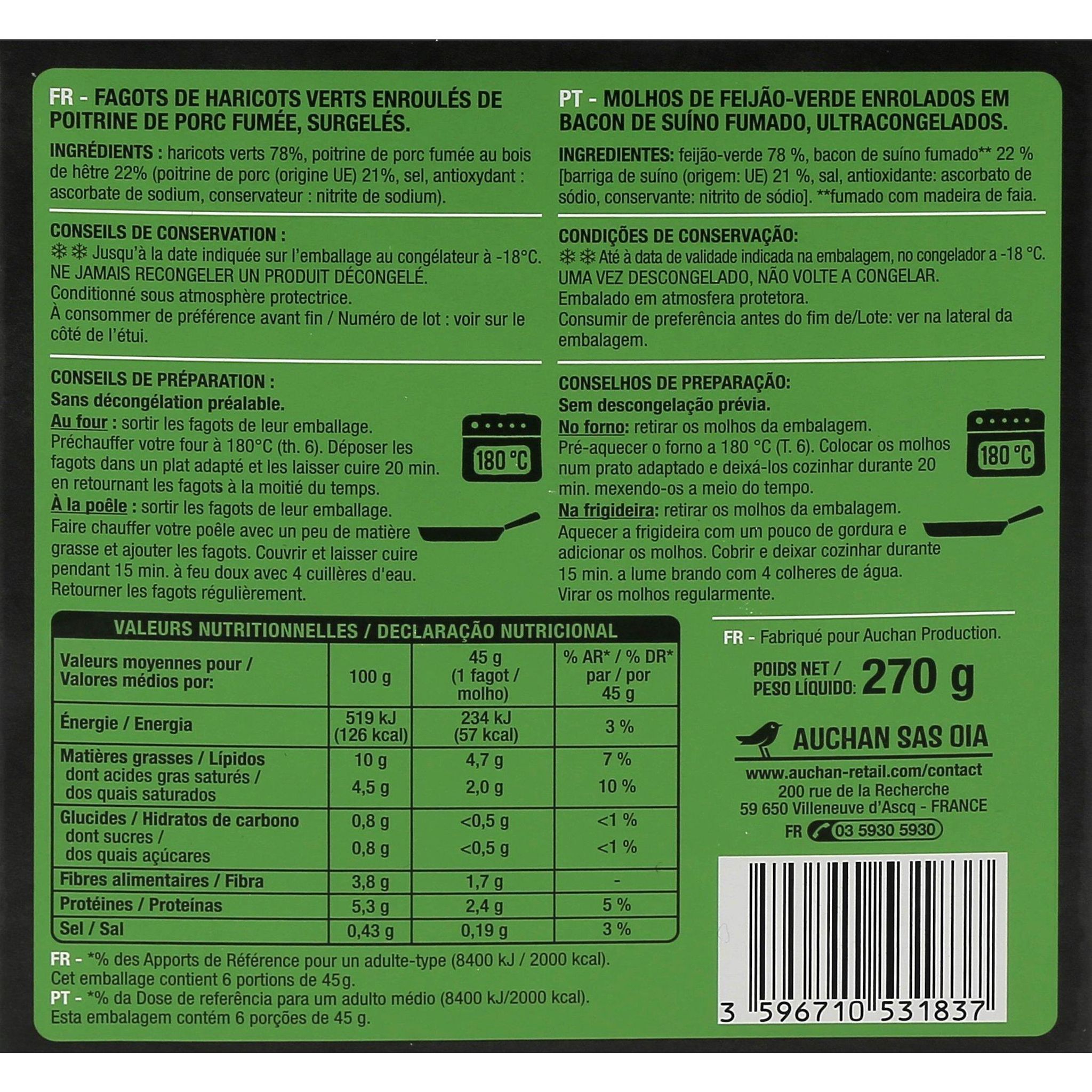 Voir la diapositive 2 : AUCHAN Fagots de haricots verts 6 portions 270g