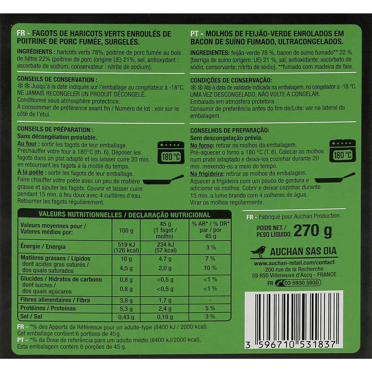 AUCHAN Fagots de haricots verts 6 portions 270g
