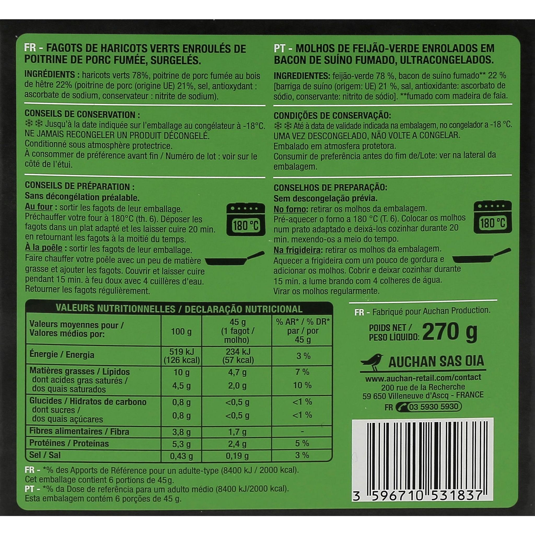 Voir la diapositive 3 : AUCHAN Fagots de haricots verts 6 portions 270g