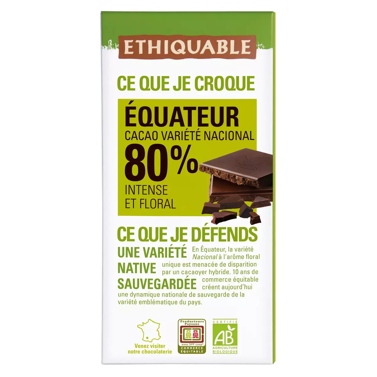 ETHIQUABLE Tablette de chocolat noir bio 80% cacao Equateur grand cru 1 pièce 100g