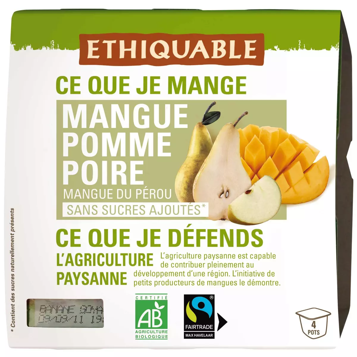 ETHIQUABLE Purée de fruits bio équitable mangue pomme poire 4x25g