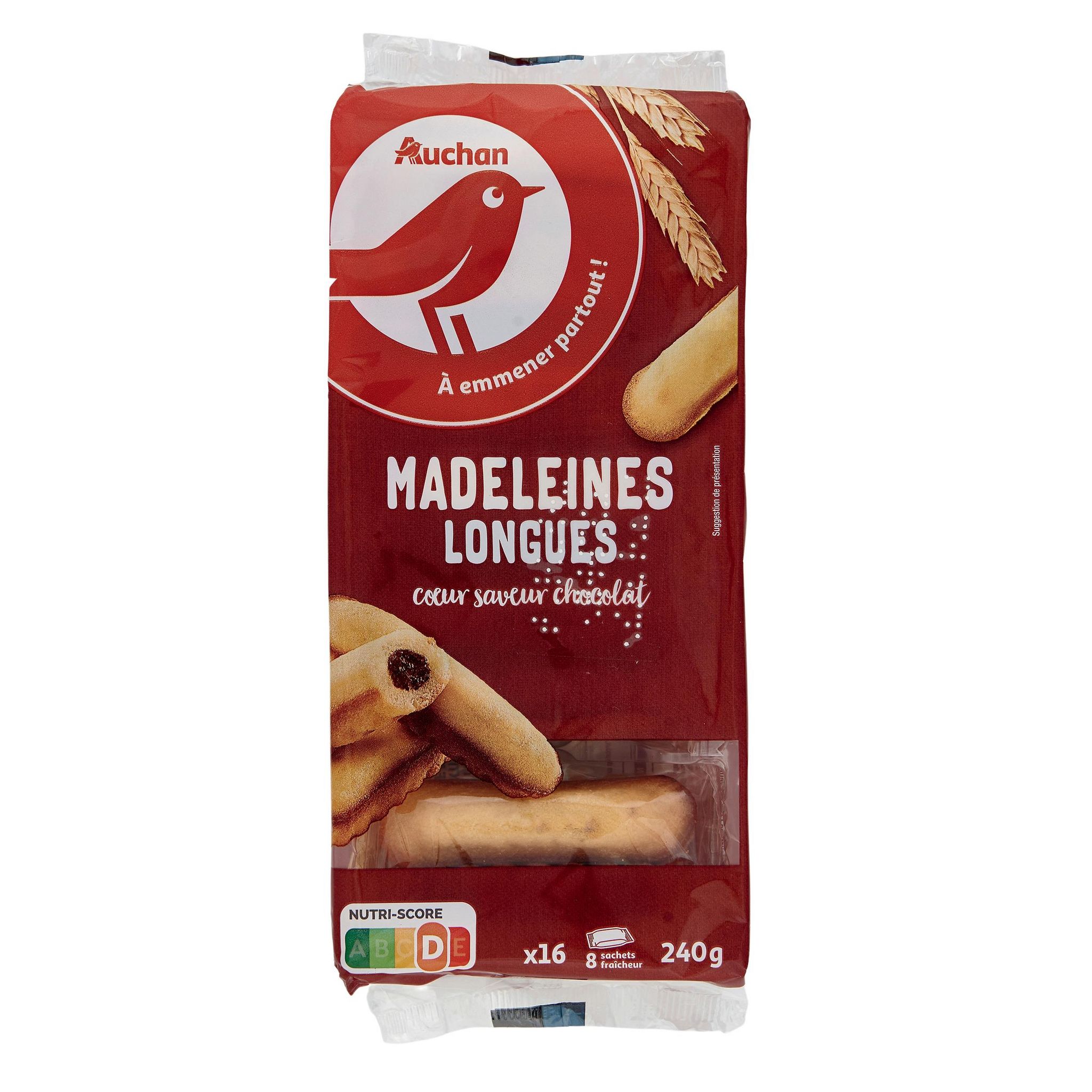 Voir la diapositive 2 : AUCHAN Madeleines longues cœur saveur chocolat sachets fraîcheur 8x2 madeleines 240g