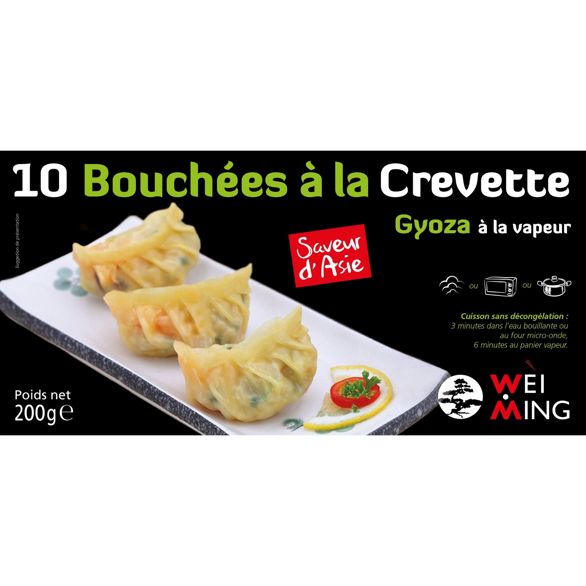 Voir la diapositive 2 : WEI MING Gyoza bouchées vapeur à la crevette  10 pièces 200g