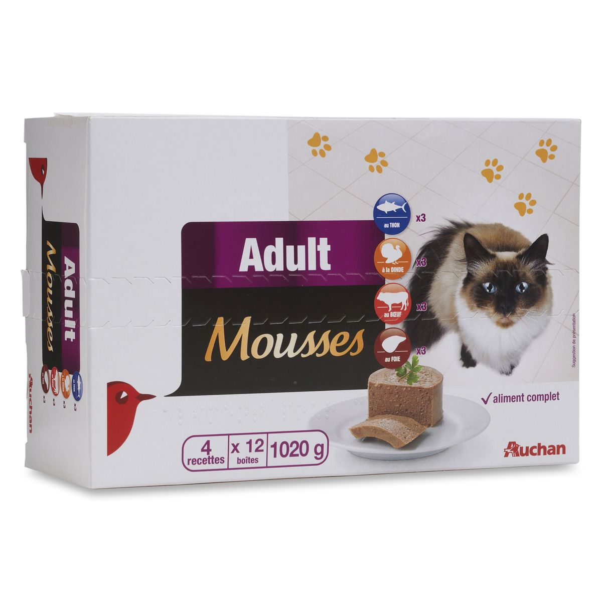 AUCHAN Adult boîtes pâtée en mousse viandes pour chat 12x100g