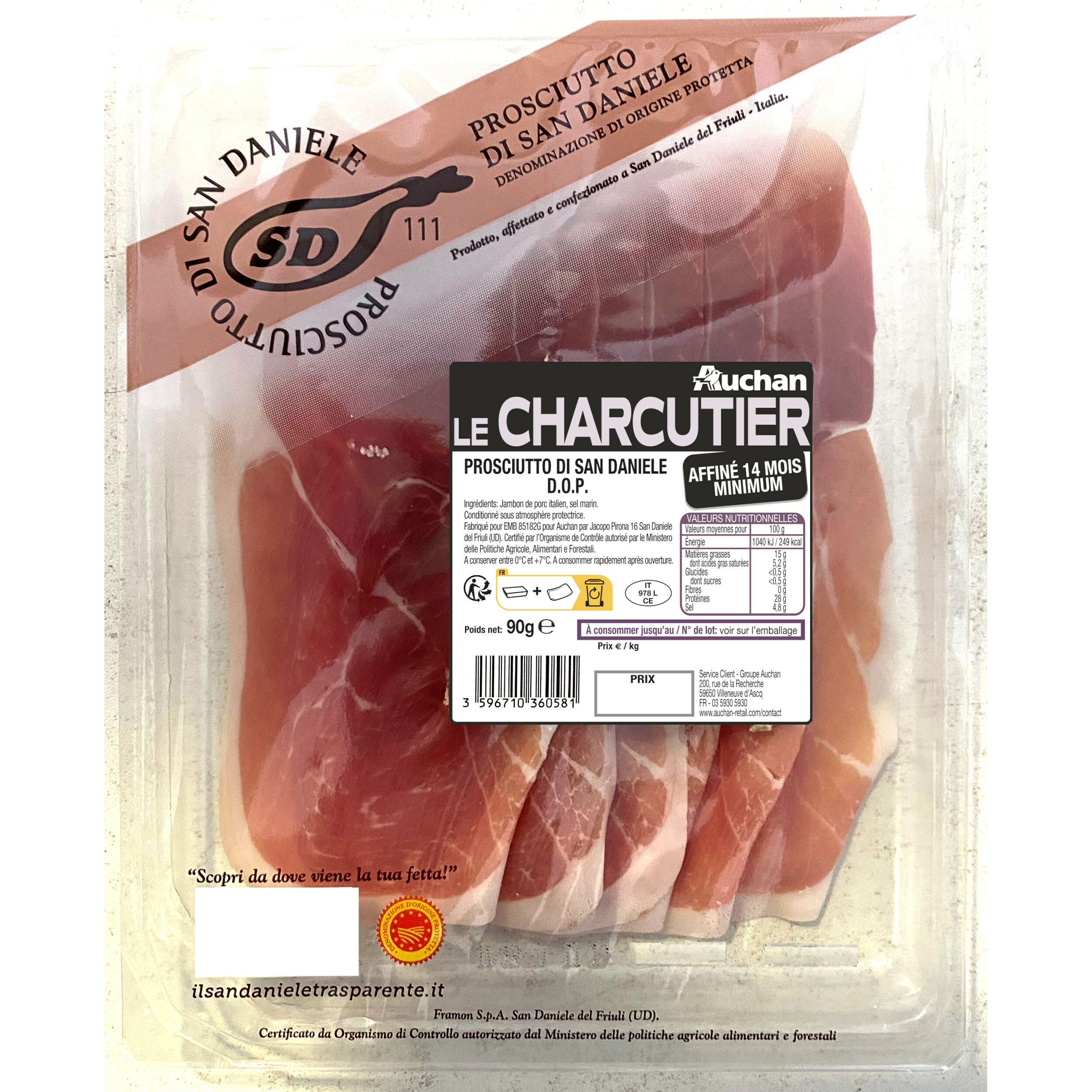 AUCHAN LE CHARCUTIER Jambon prosciutto di San Daniele 90g
