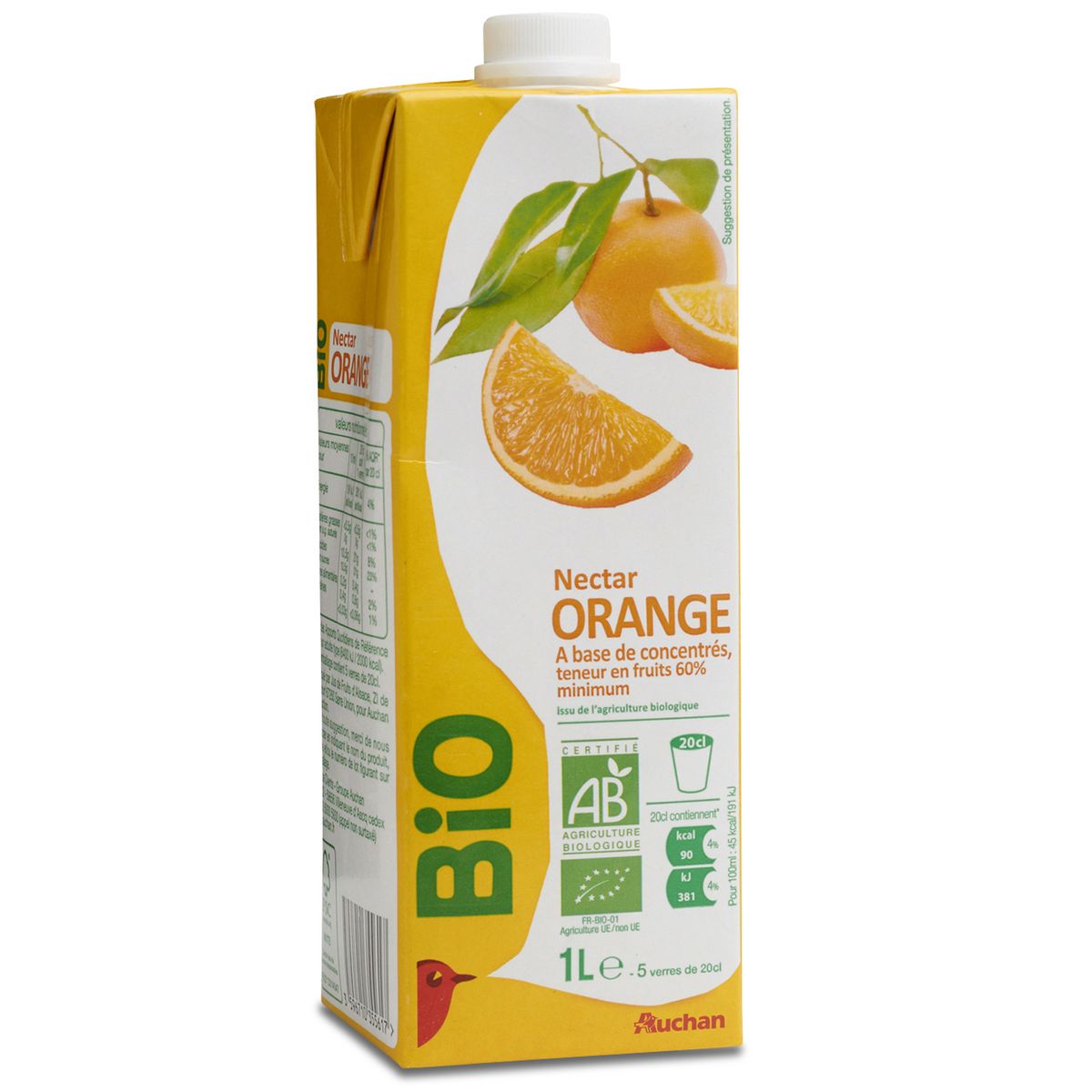 AUCHAN BIO Nectar d'orange à base de concentré brique 1l