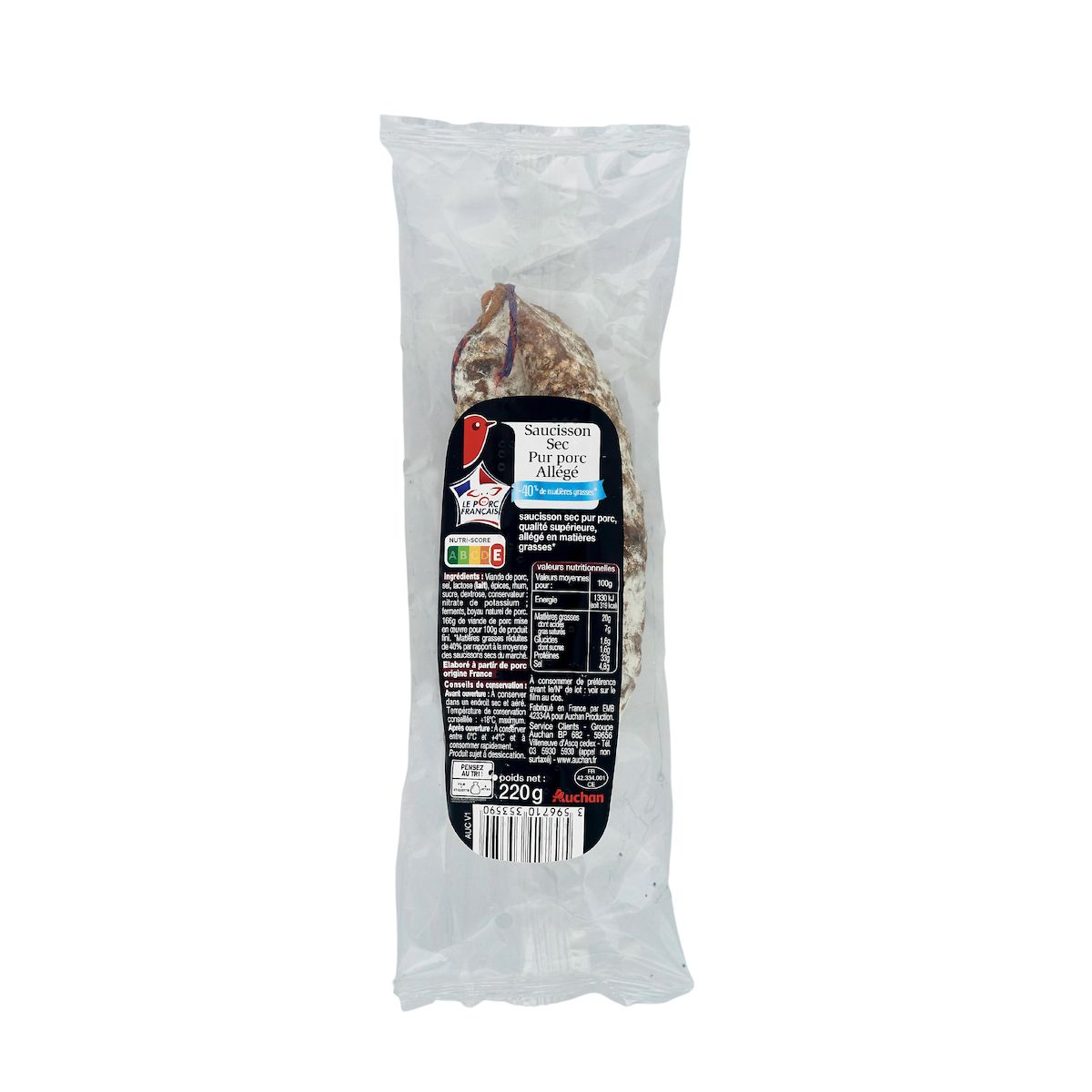 AUCHAN Saucisson sec pur porc allégé 220g