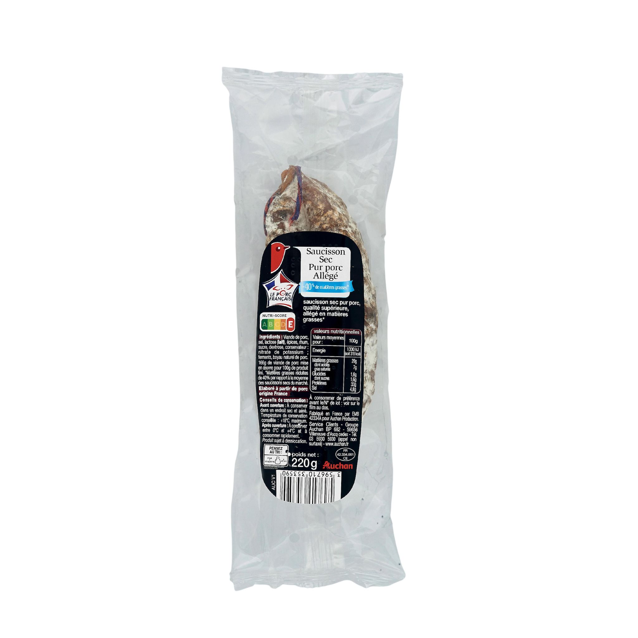Voir la diapositive 2 : AUCHAN Saucisson sec pur porc allégé 220g