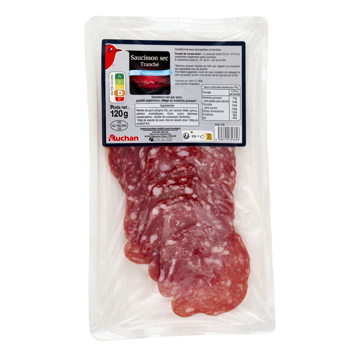 AUCHAN Saucisson sec allégé en matières grasses 24 tranches 120g