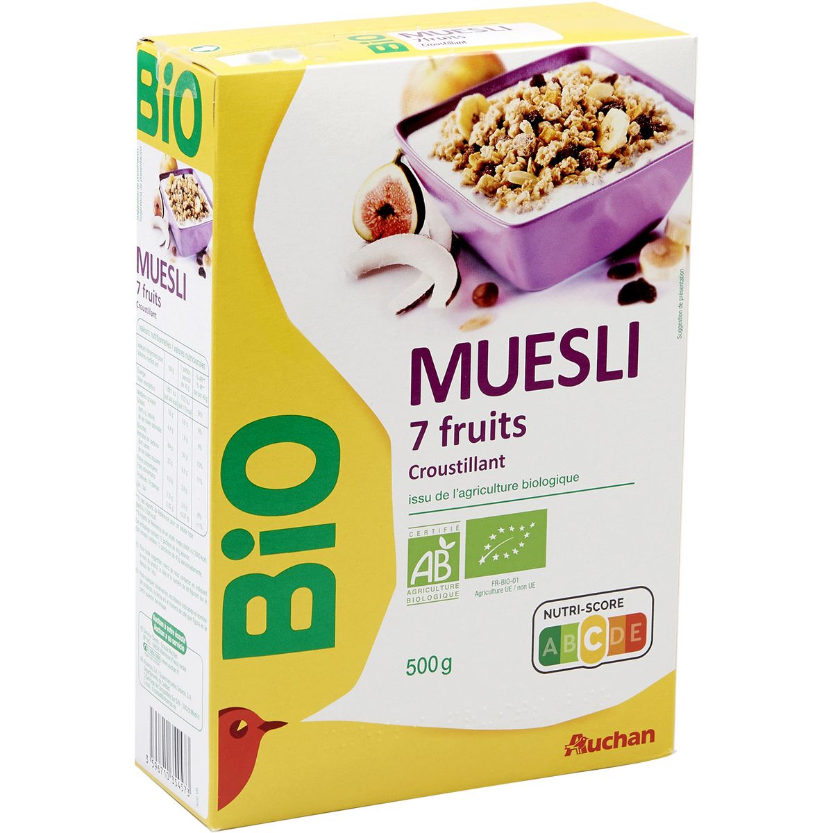 AUCHAN BIO Muesli de céréales croustillant aux 7 fruits 500g