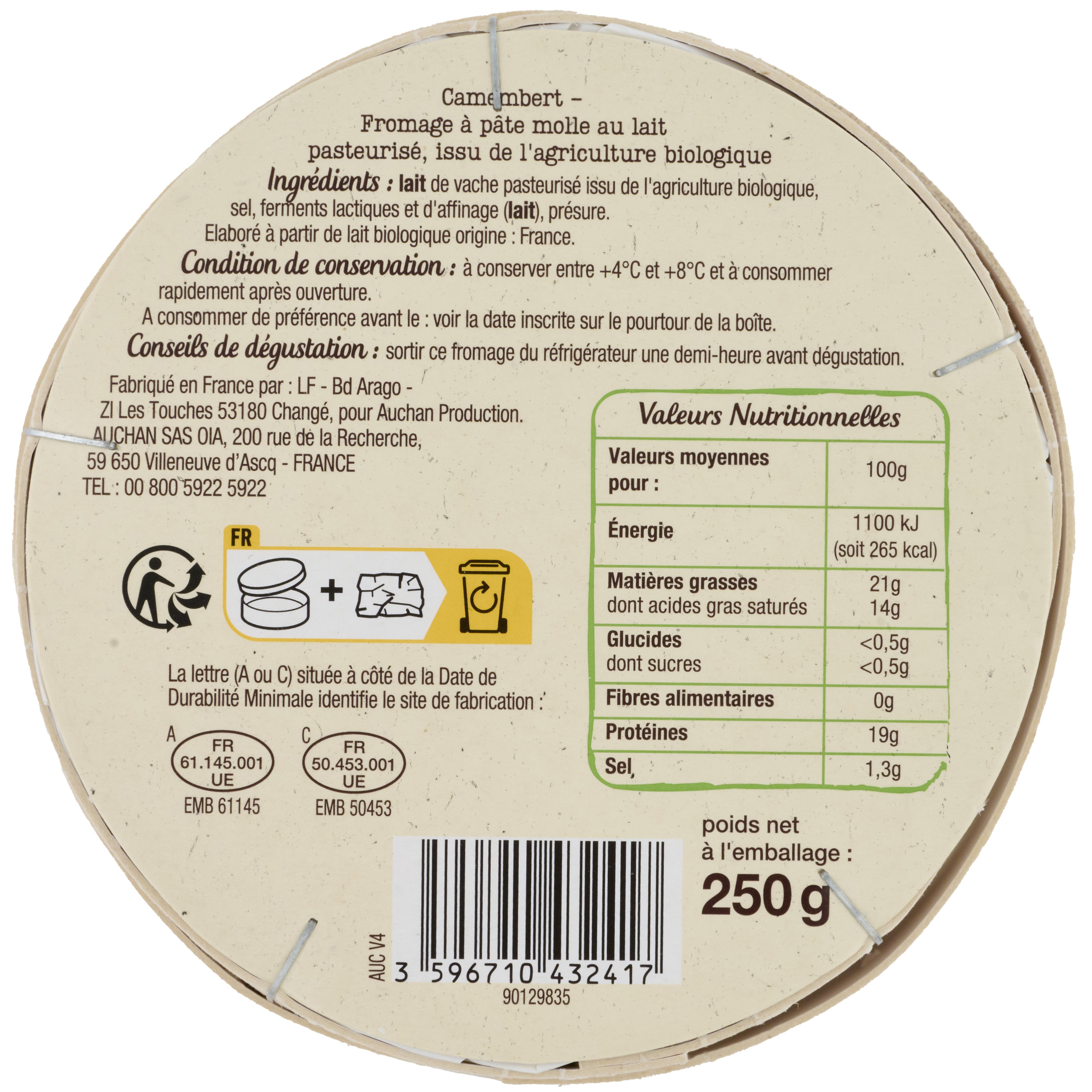 Voir la diapositive 3 : AUCHAN BIO Camembert moulé à la louche 250g