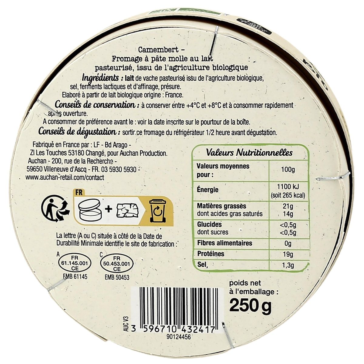 AUCHAN BIO Camembert moulé à la louche 250g