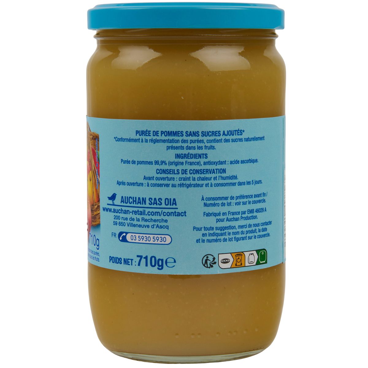 AUCHAN Purée de pomme sans sucres ajoutés en bocal 710g