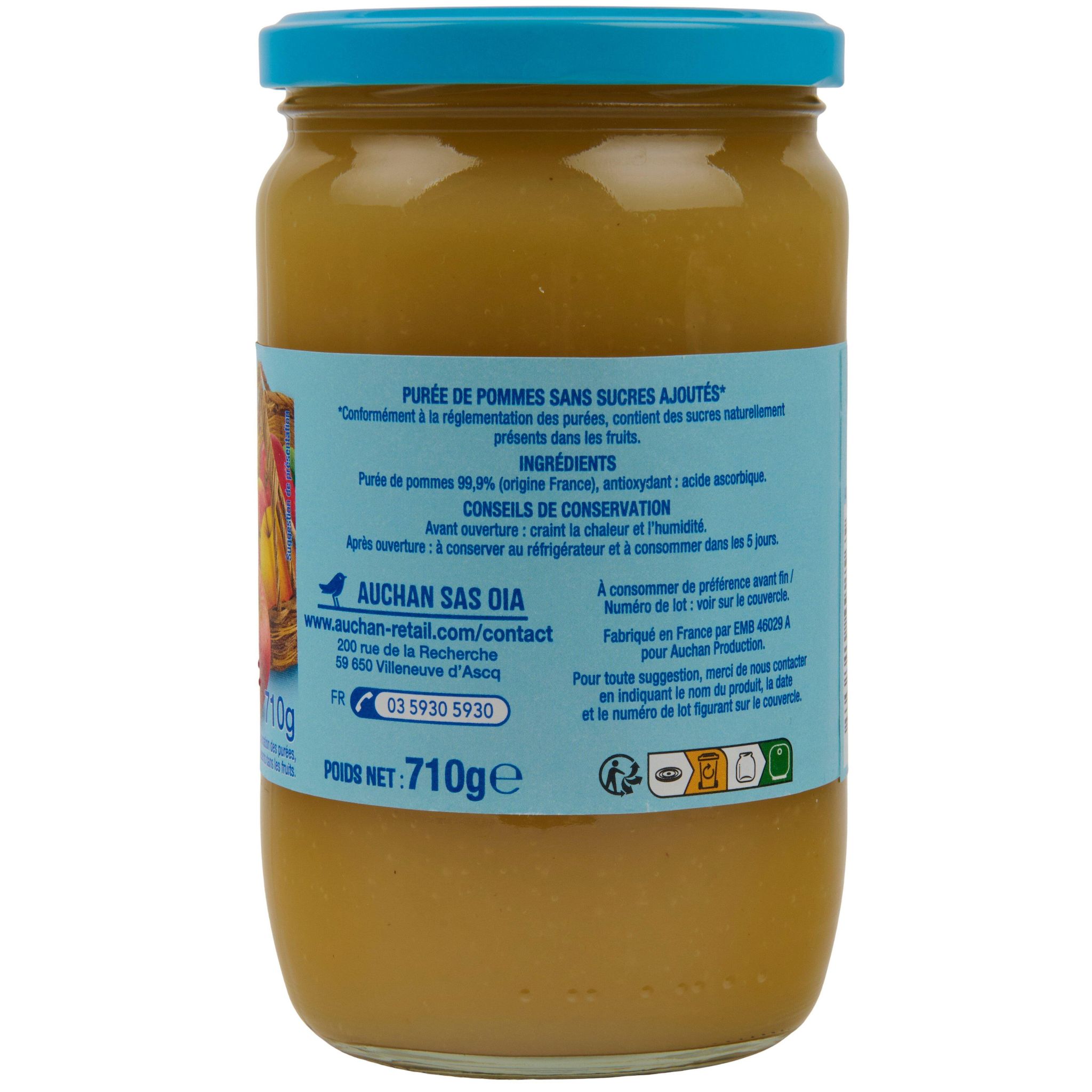 Voir la diapositive 3 : AUCHAN Purée de pomme sans sucres ajoutés en bocal 710g