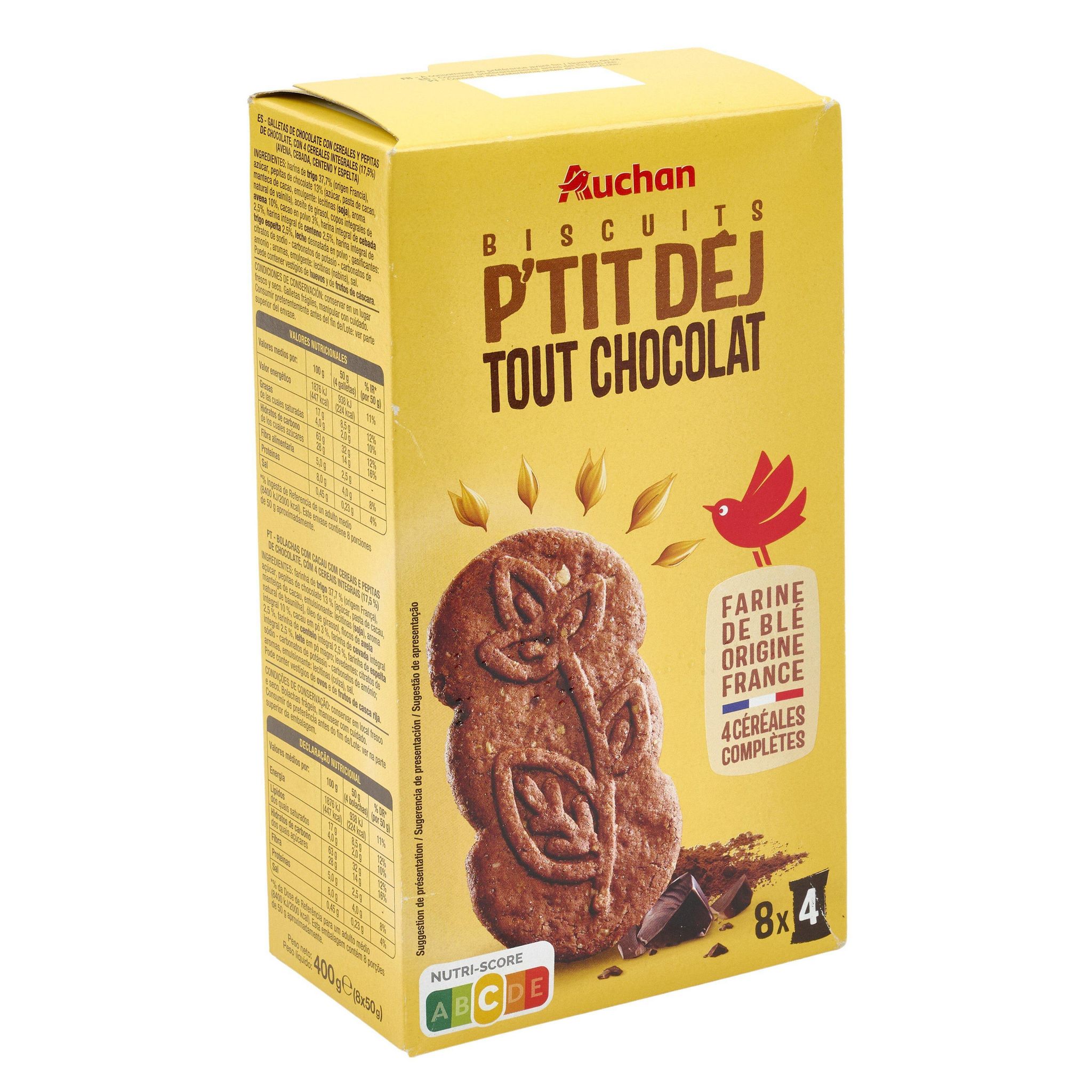Voir la diapositive 2 : AUCHAN Biscuits petit-déjeuner céréales et pépites de chocolat sachets fraîcheur 8x4 biscuits 400g