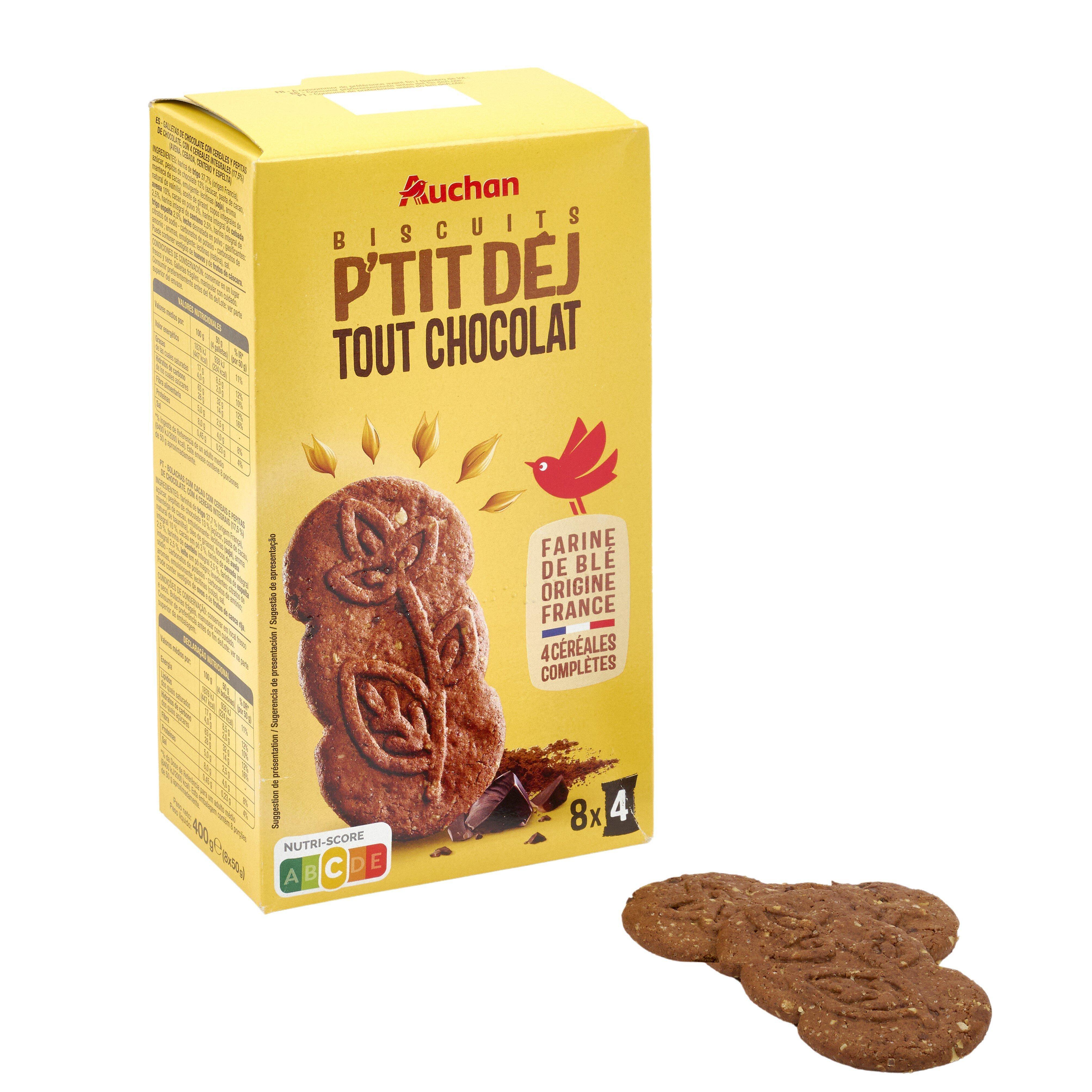 Voir la diapositive 4 : AUCHAN Biscuits petit-déjeuner céréales et pépites de chocolat sachets fraîcheur 8x4 biscuits 400g