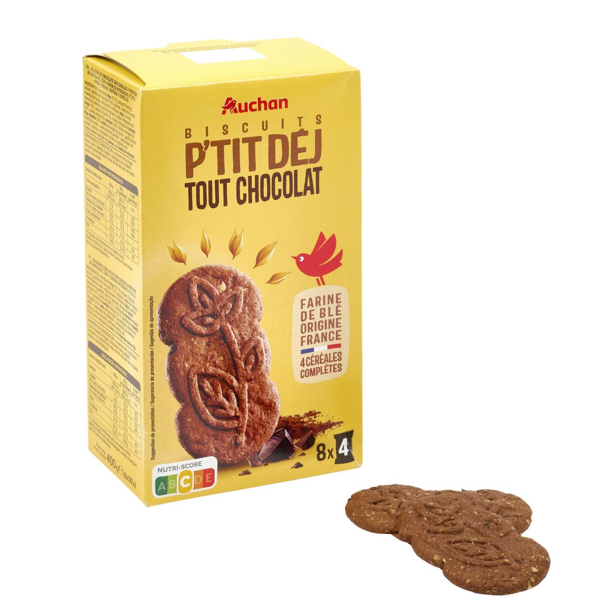 AUCHAN Biscuits petit-déjeuner céréales et pépites de chocolat sachets fraîcheur 8x4 biscuits 400g