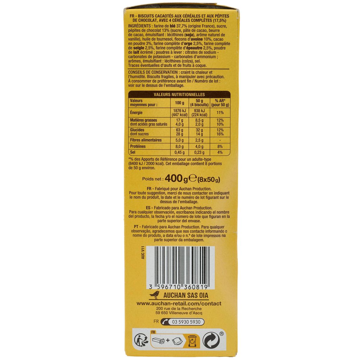 AUCHAN Biscuits petit-déjeuner céréales et pépites de chocolat sachets fraîcheur 8x4 biscuits 400g