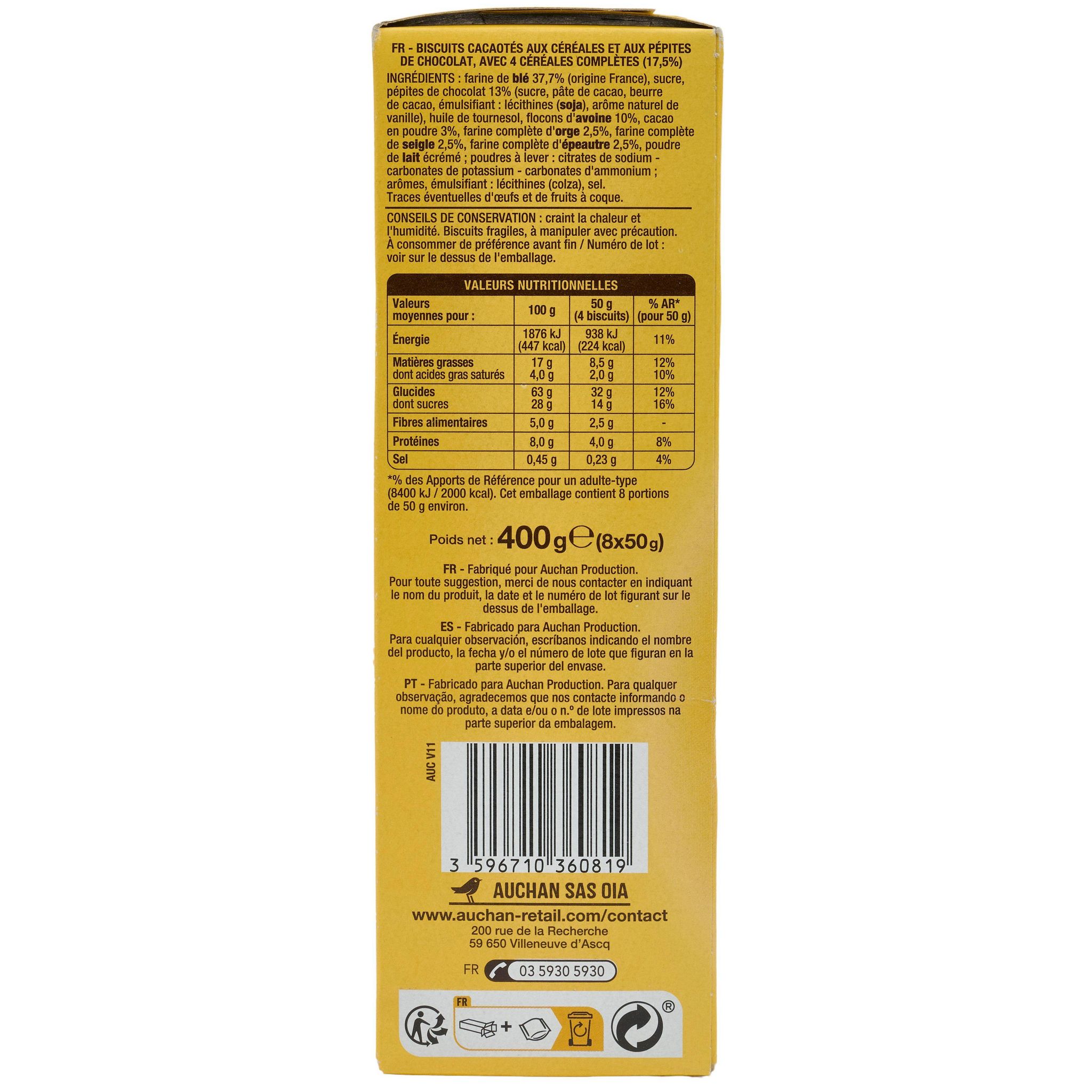 Voir la diapositive 6 : AUCHAN Biscuits petit-déjeuner céréales et pépites de chocolat sachets fraîcheur 8x4 biscuits 400g