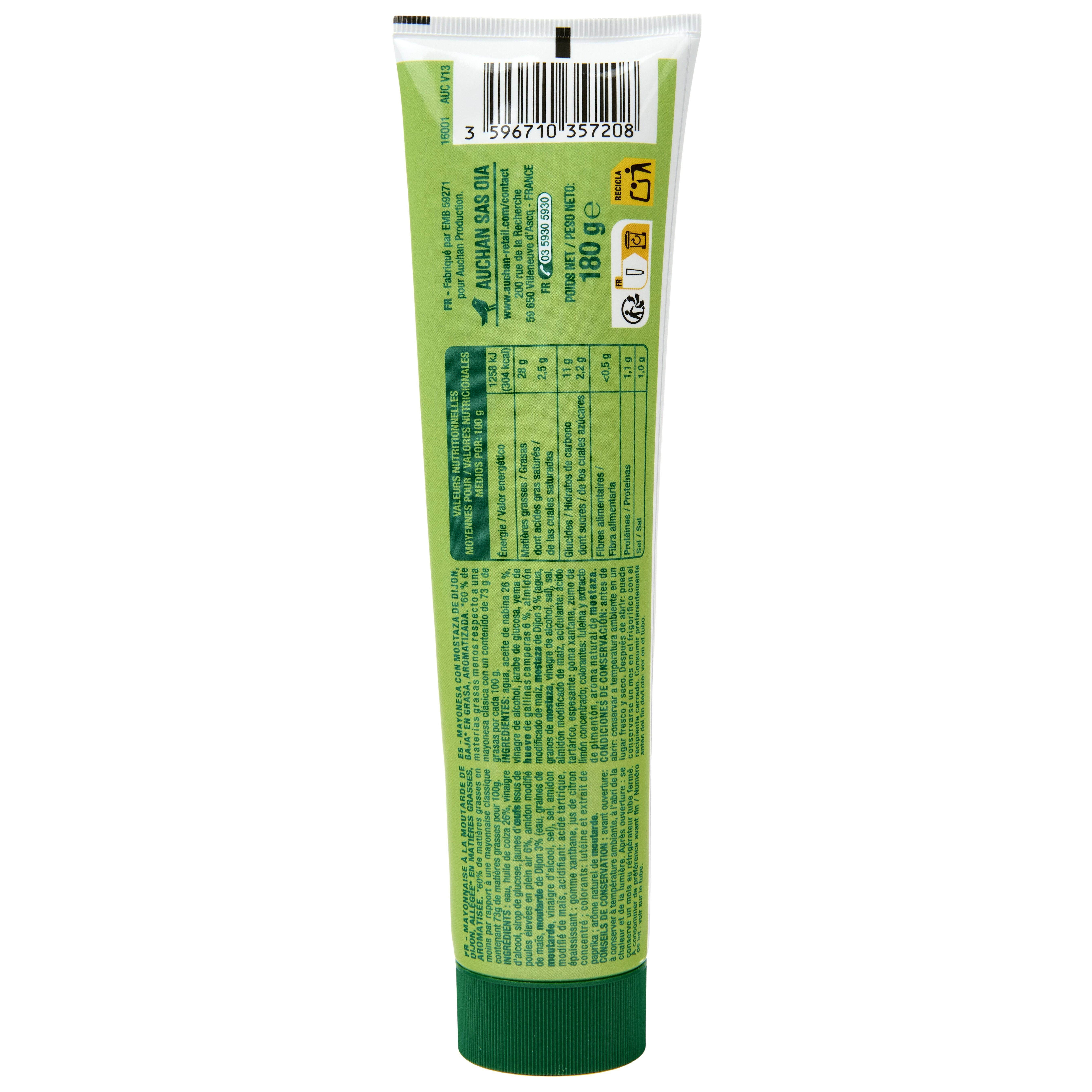 Voir la diapositive 2 : AUCHAN Mayonnaise allégée aux œufs frais en tube 180g