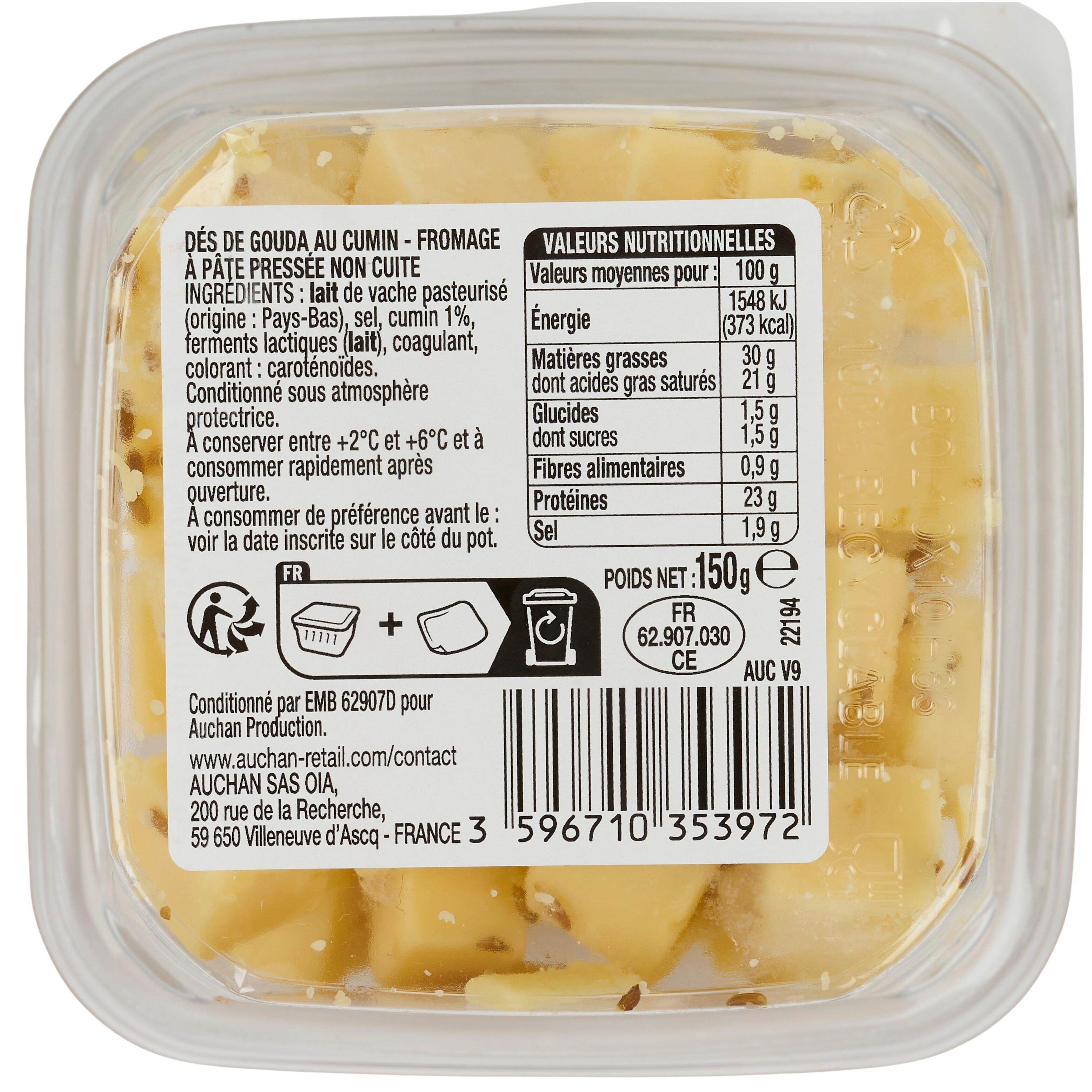 Voir la diapositive 2 : AUCHAN Dès de gouda au cumin 150g