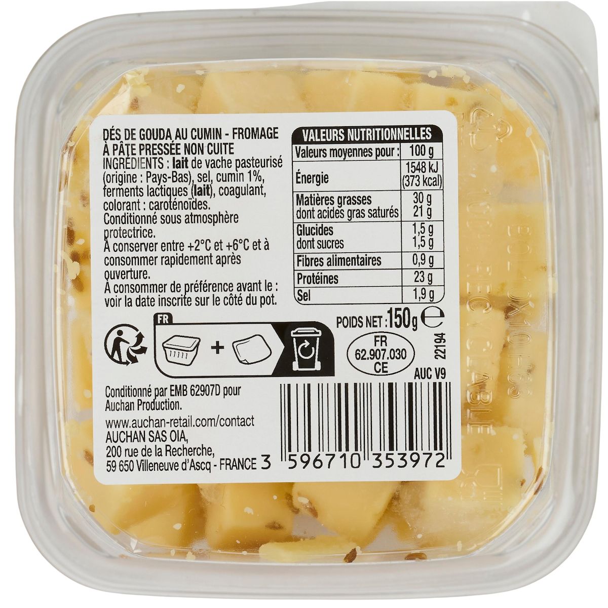 AUCHAN Dès de gouda au cumin 150g