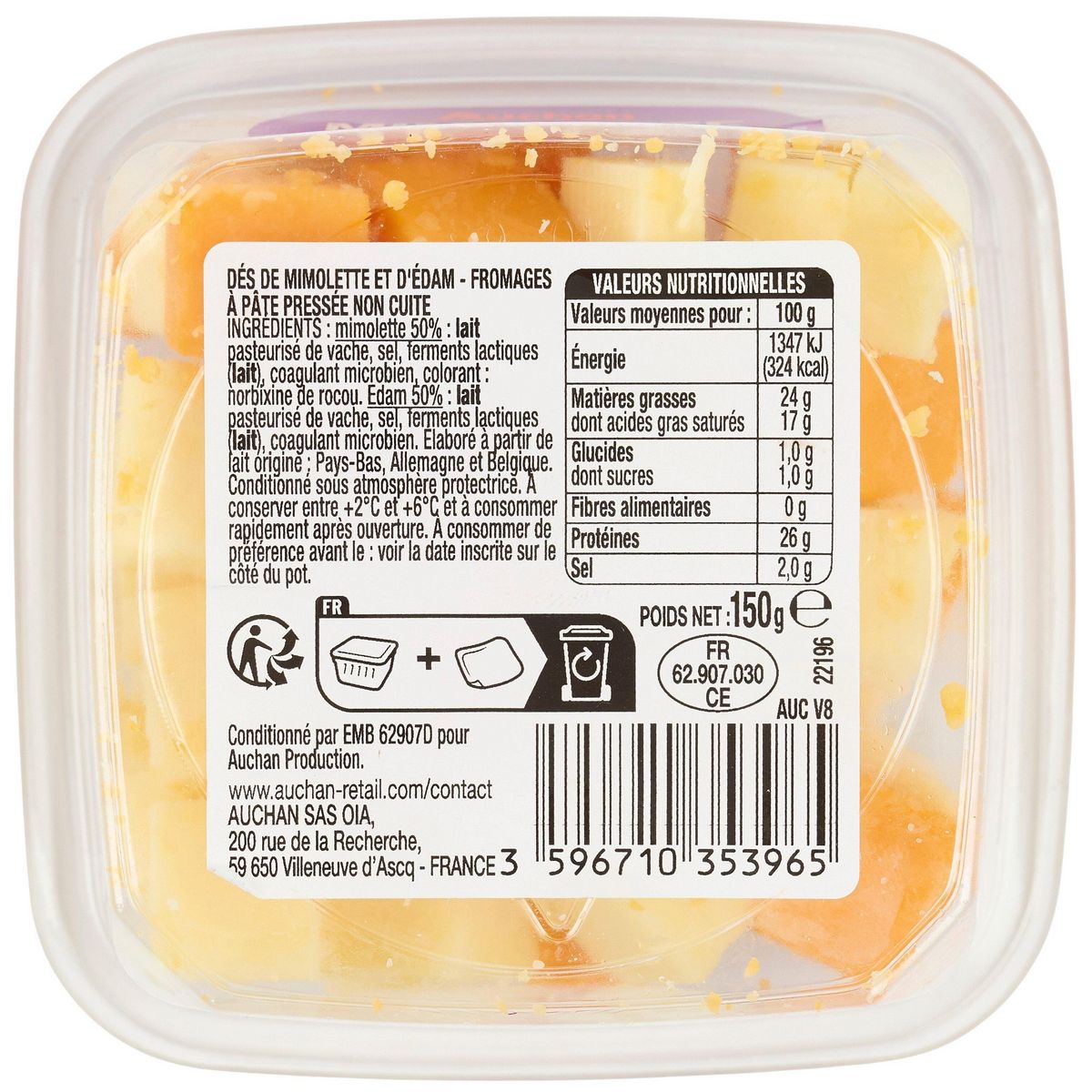 AUCHAN Dès de mimolette et d'edam 150g