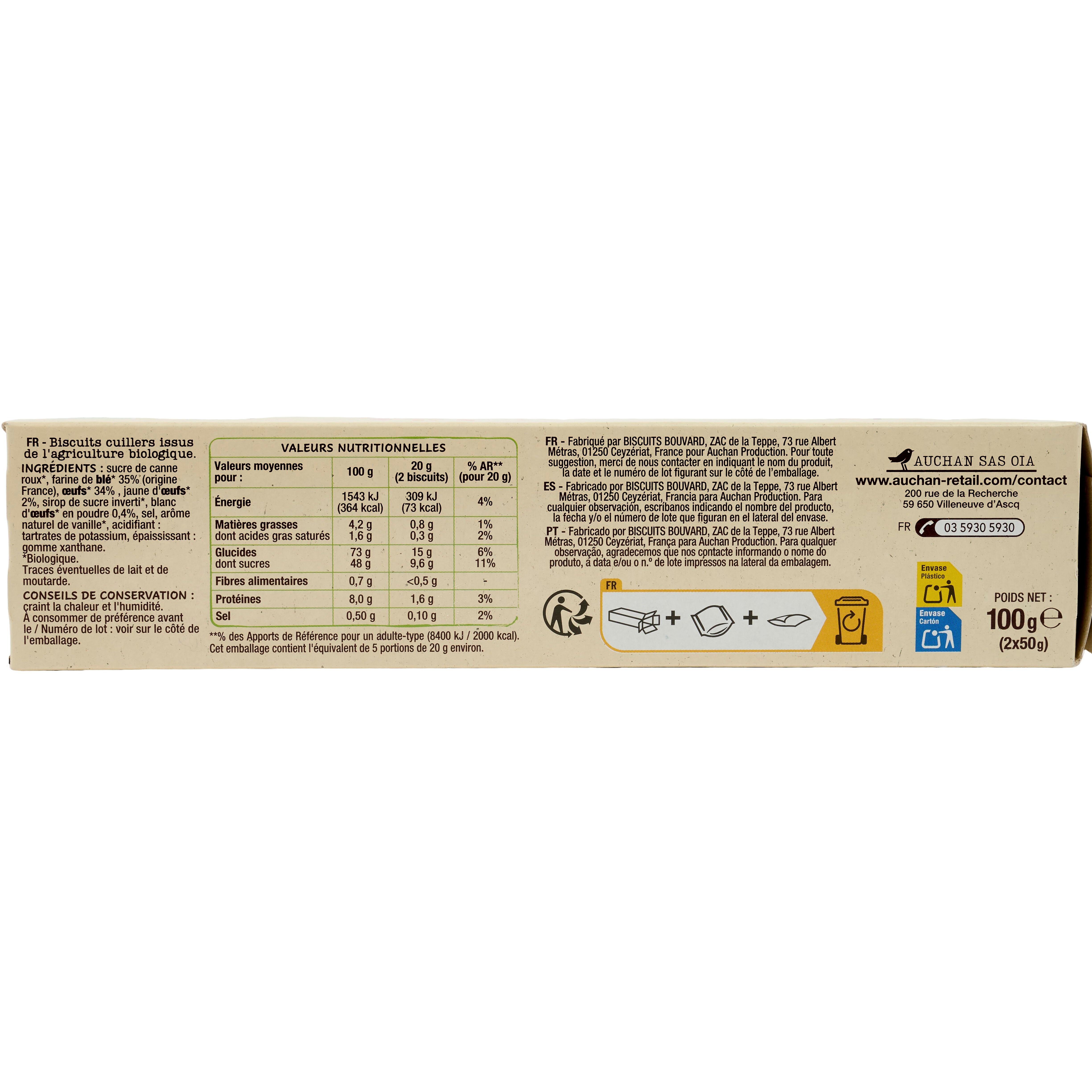 Voir la diapositive 2 : AUCHAN BIO Biscuits cuillers aux œufs frais 2x5 biscuits 100g