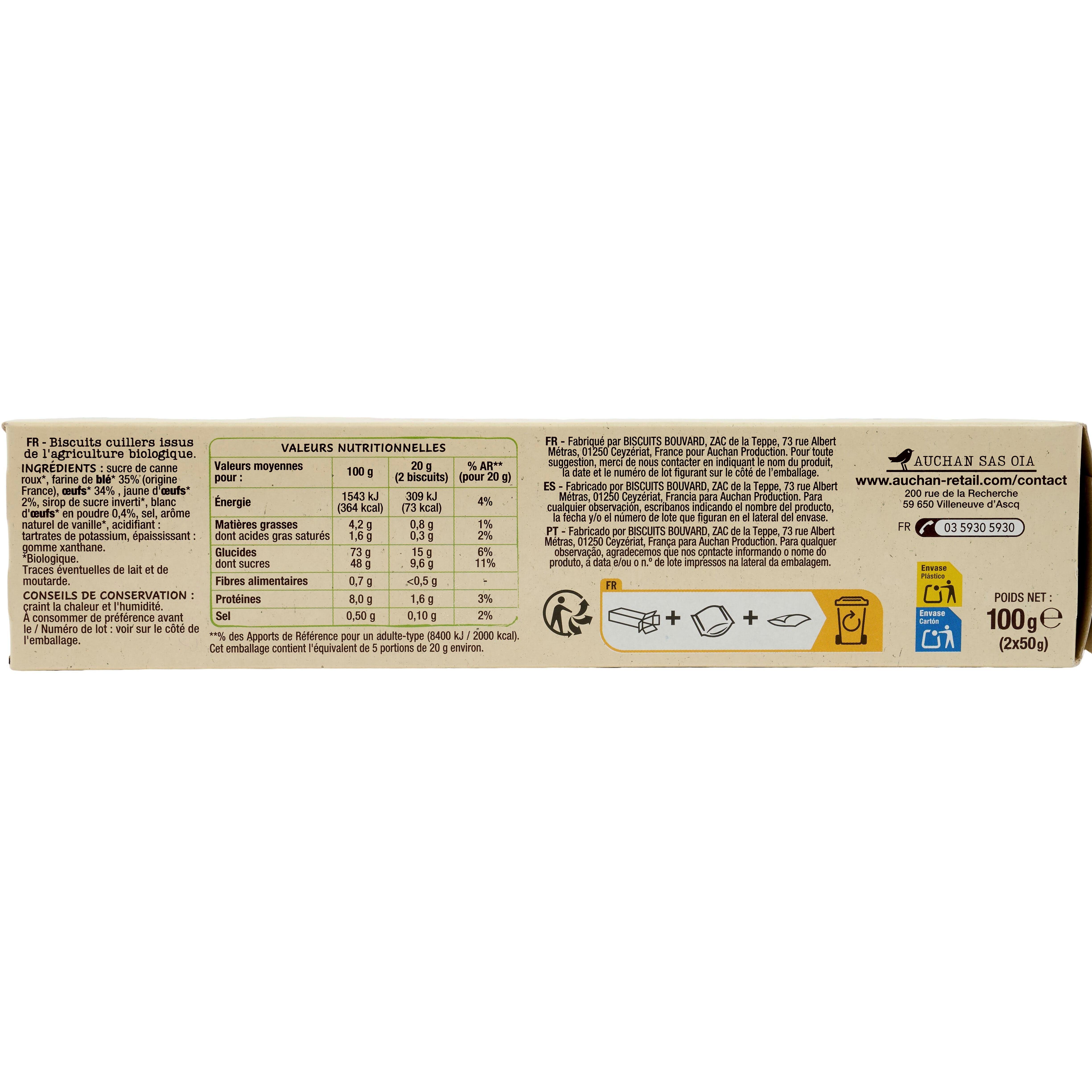 Voir la diapositive 6 : AUCHAN BIO Biscuits cuillers aux œufs frais 2x5 biscuits 100g