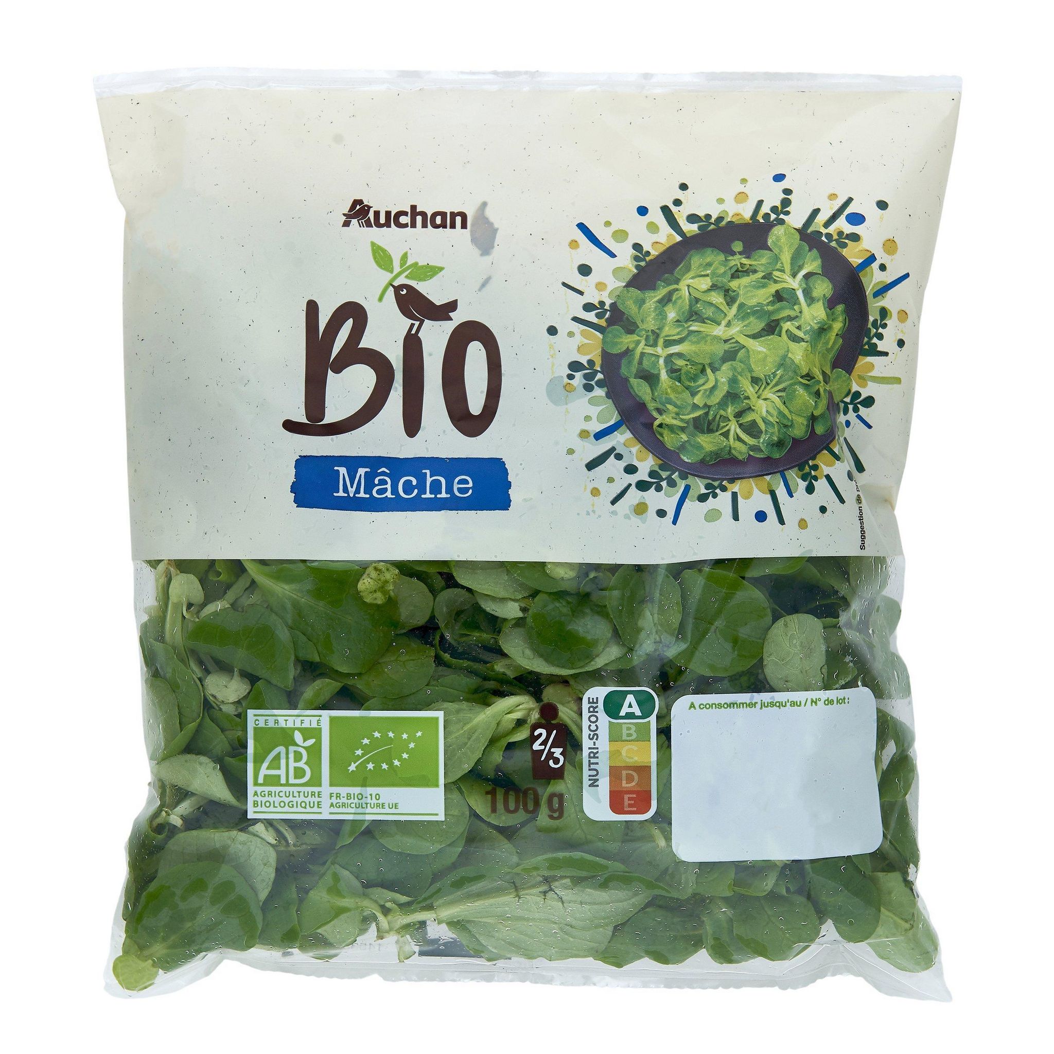 Voir la diapositive 2 : AUCHAN BIO Mâche 2/3 parts 100g