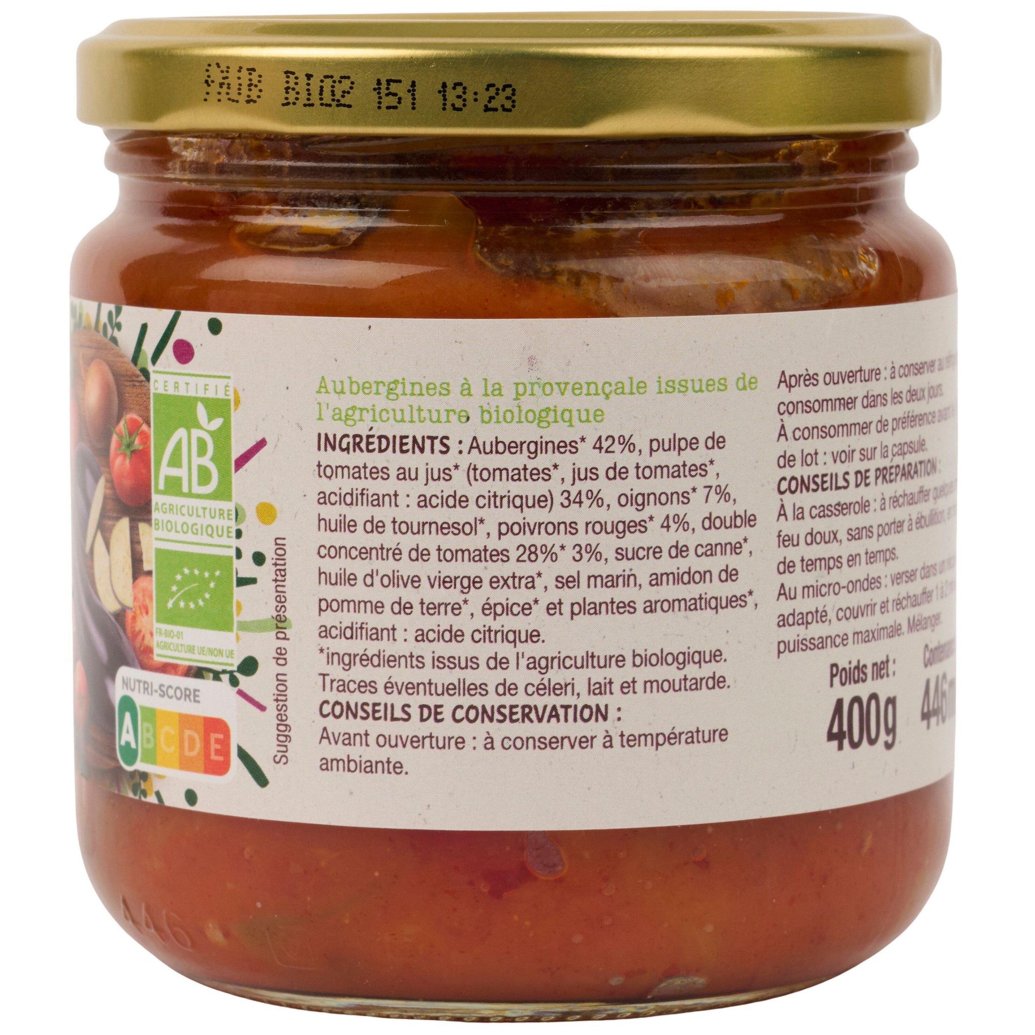 Voir la diapositive 5 : AUCHAN BIO Aubergines à la provençale en bocal 400g