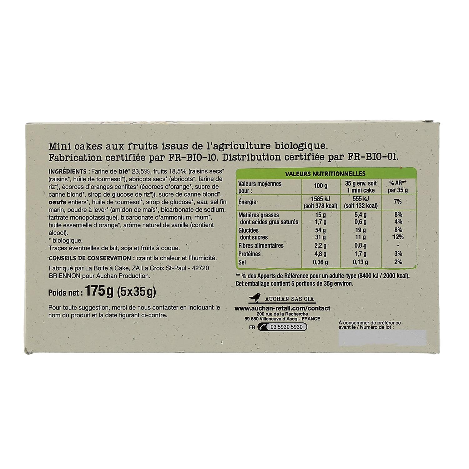 Voir la diapositive 2 : AUCHAN BIO Mini cakes aux pépites de fruits sachets individuels 5 gâteaux 175g