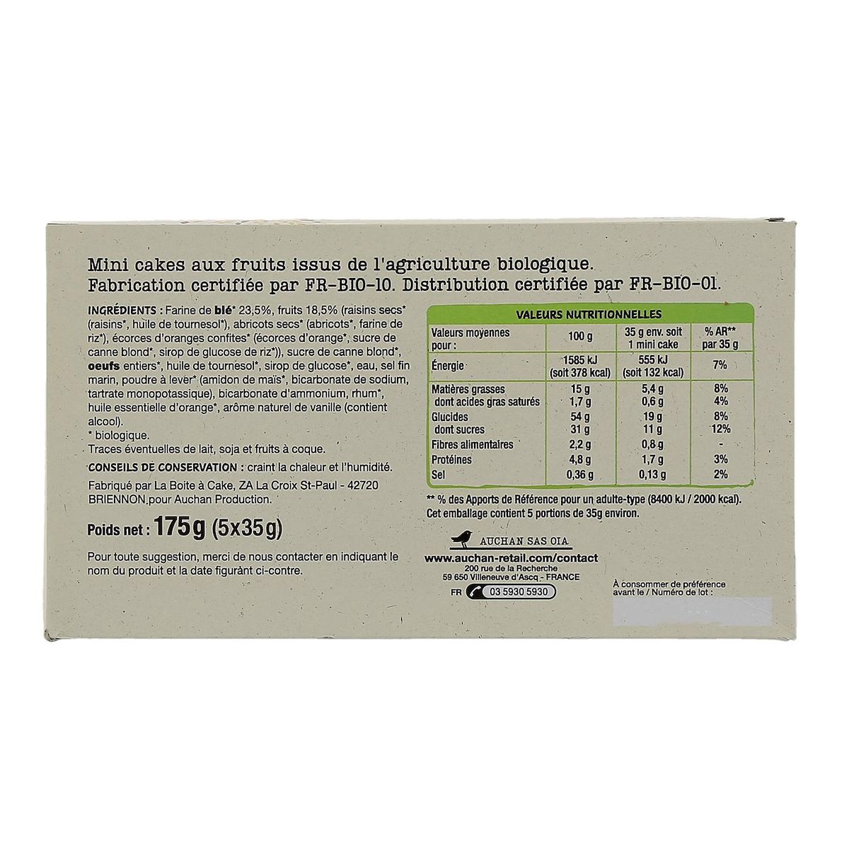 AUCHAN BIO Mini cakes aux pépites de fruits sachets individuels 5 gâteaux 175g
