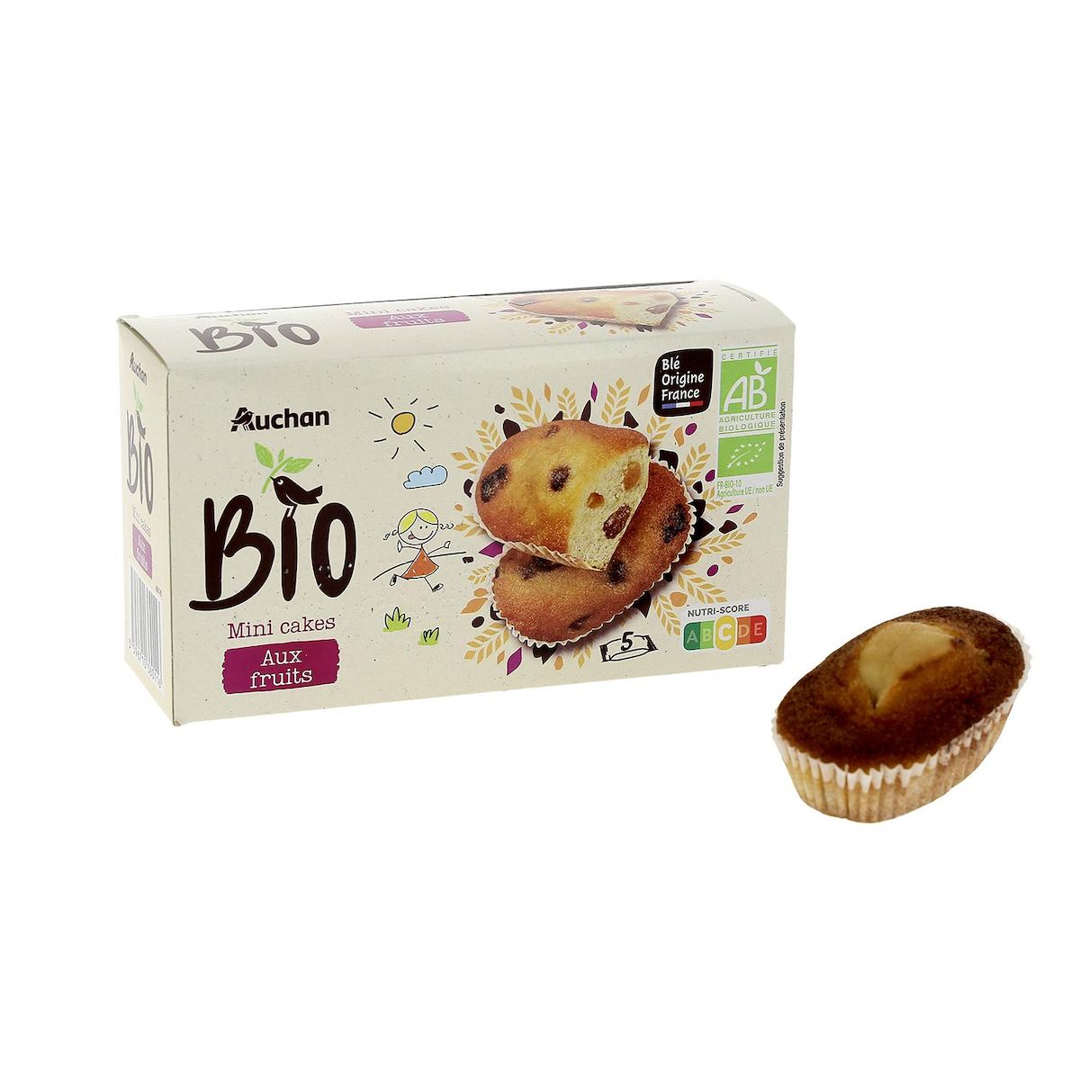 AUCHAN BIO Mini cakes aux pépites de fruits sachets individuels 5 gâteaux 175g