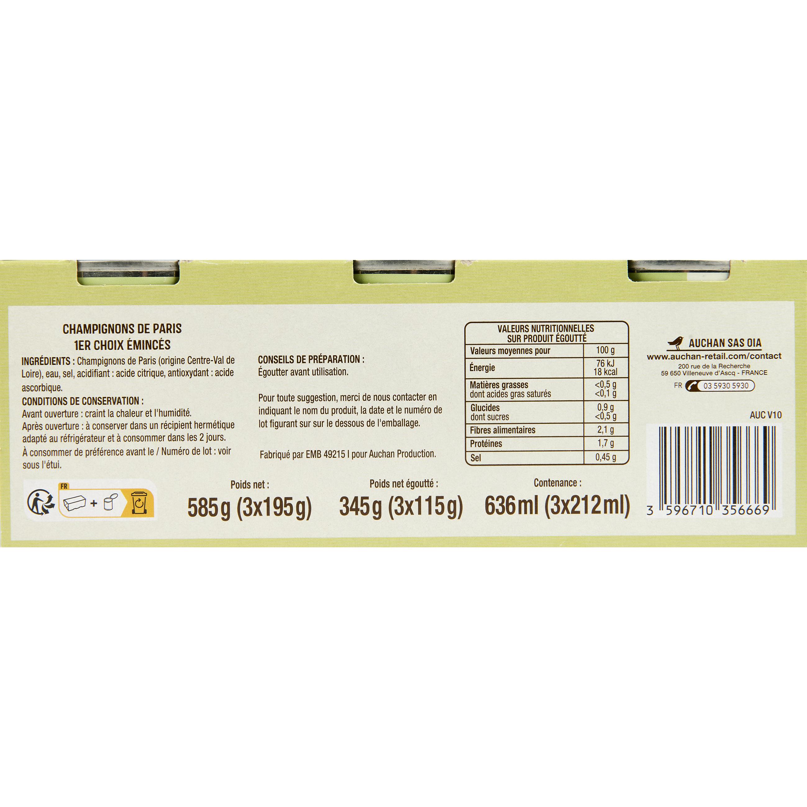 Voir la diapositive 2 : AUCHAN Champignons émincés 1er choix 3x115g