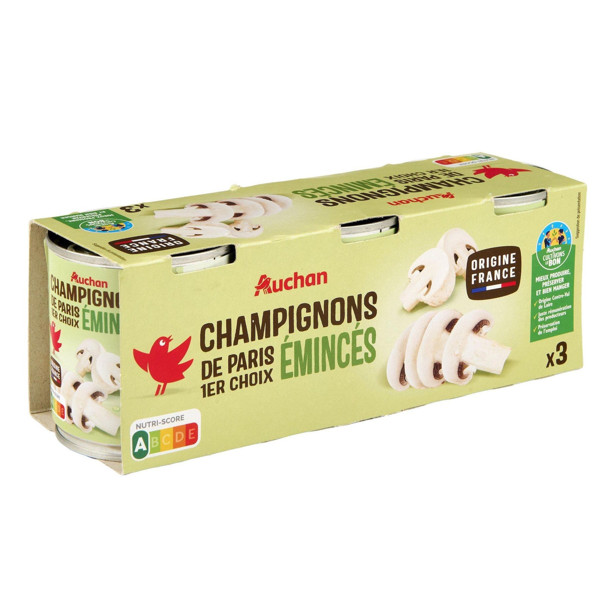 Voir la diapositive 2 : AUCHAN Champignons émincés 1er choix 3x115g