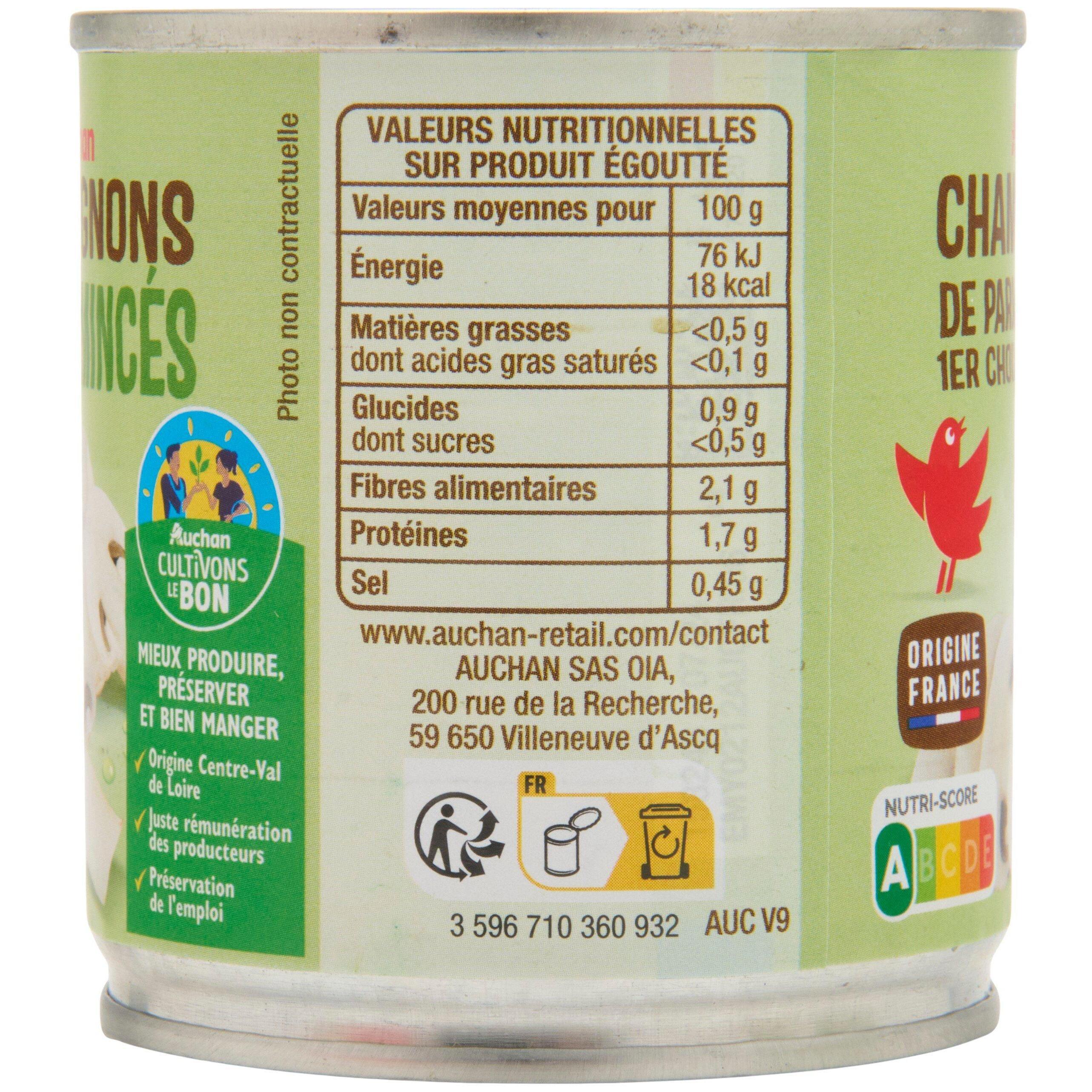 Voir la diapositive 4 : AUCHAN Champignons émincés 1er choix 3x115g