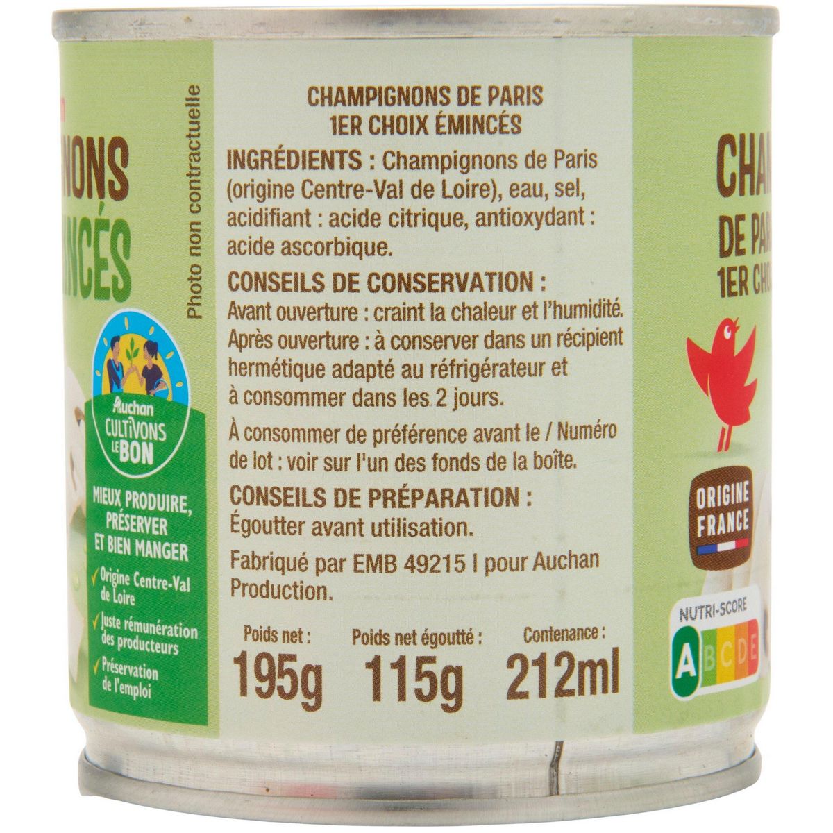 AUCHAN Champignons émincés 1er choix 3x115g