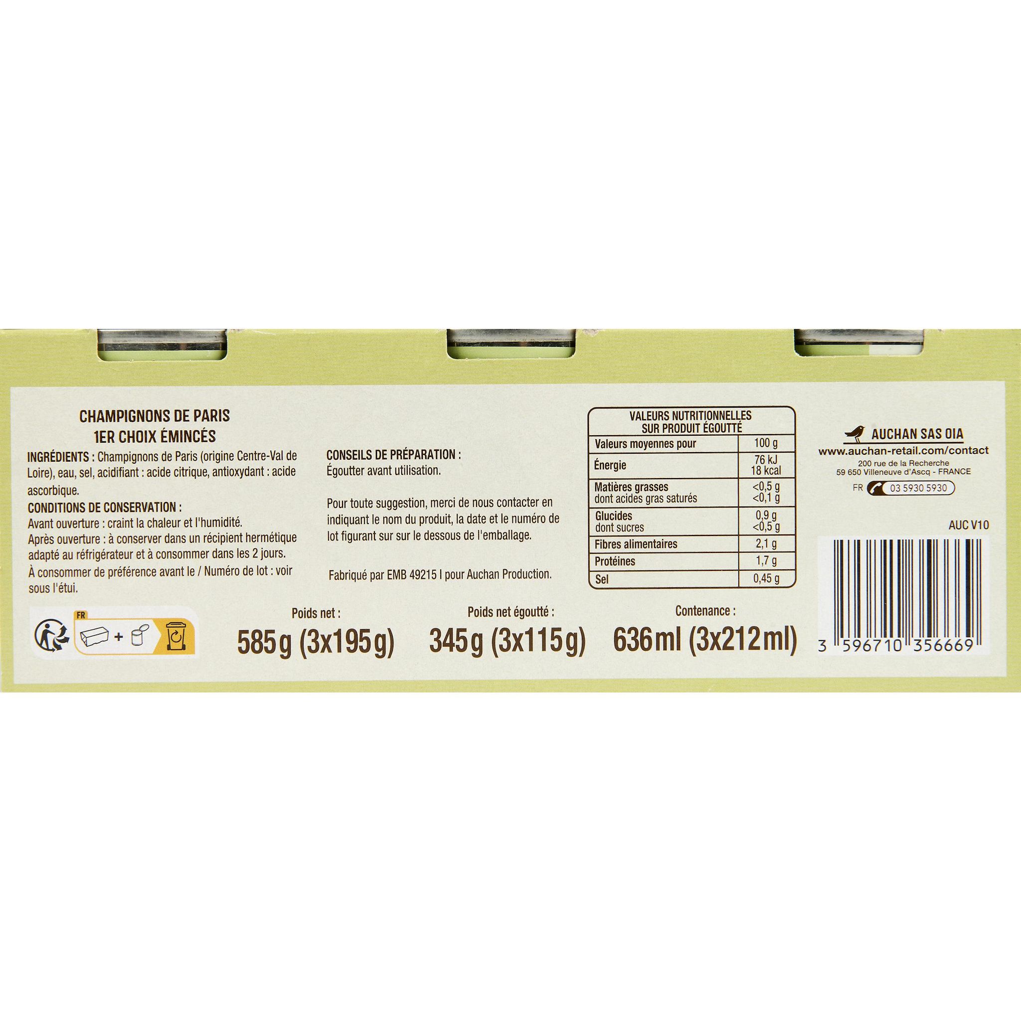 Voir la diapositive 5 : AUCHAN Champignons émincés 1er choix 3x115g