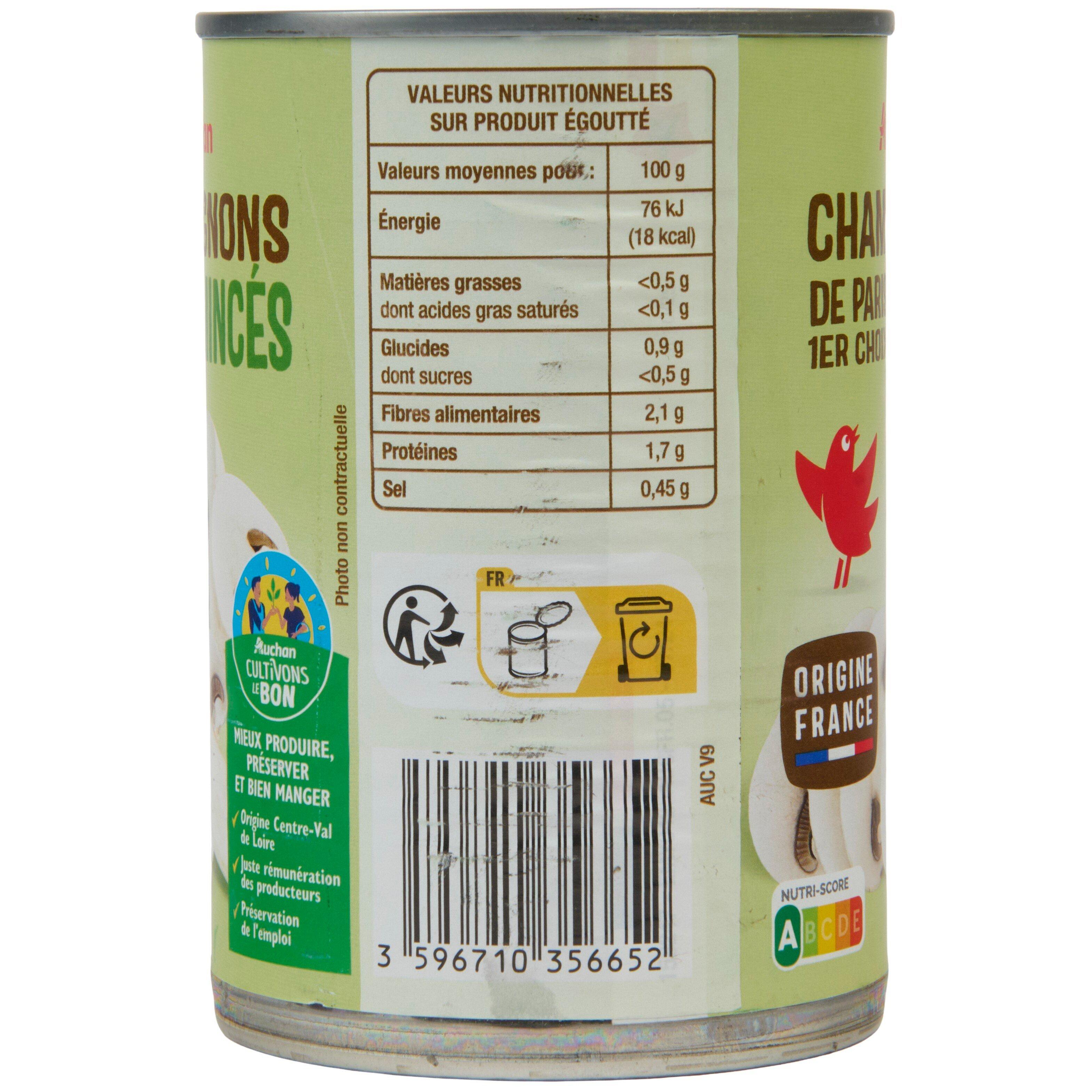 Voir la diapositive 4 : AUCHAN Champignons de Paris émincés 1er choix 230g