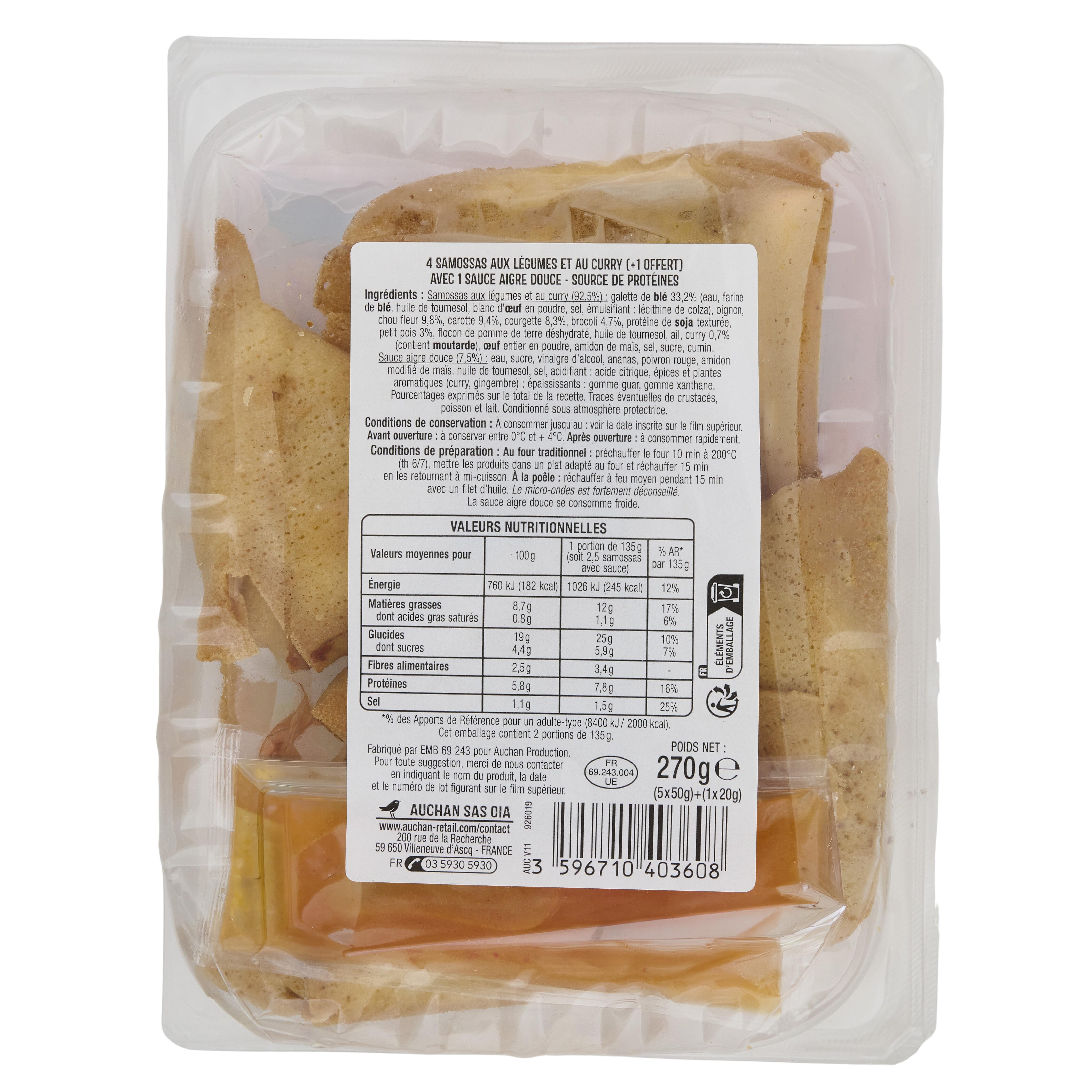 Voir la diapositive 3 : AUCHAN Samossas aux légumes sauce aigre douce 4+1 offert 270g